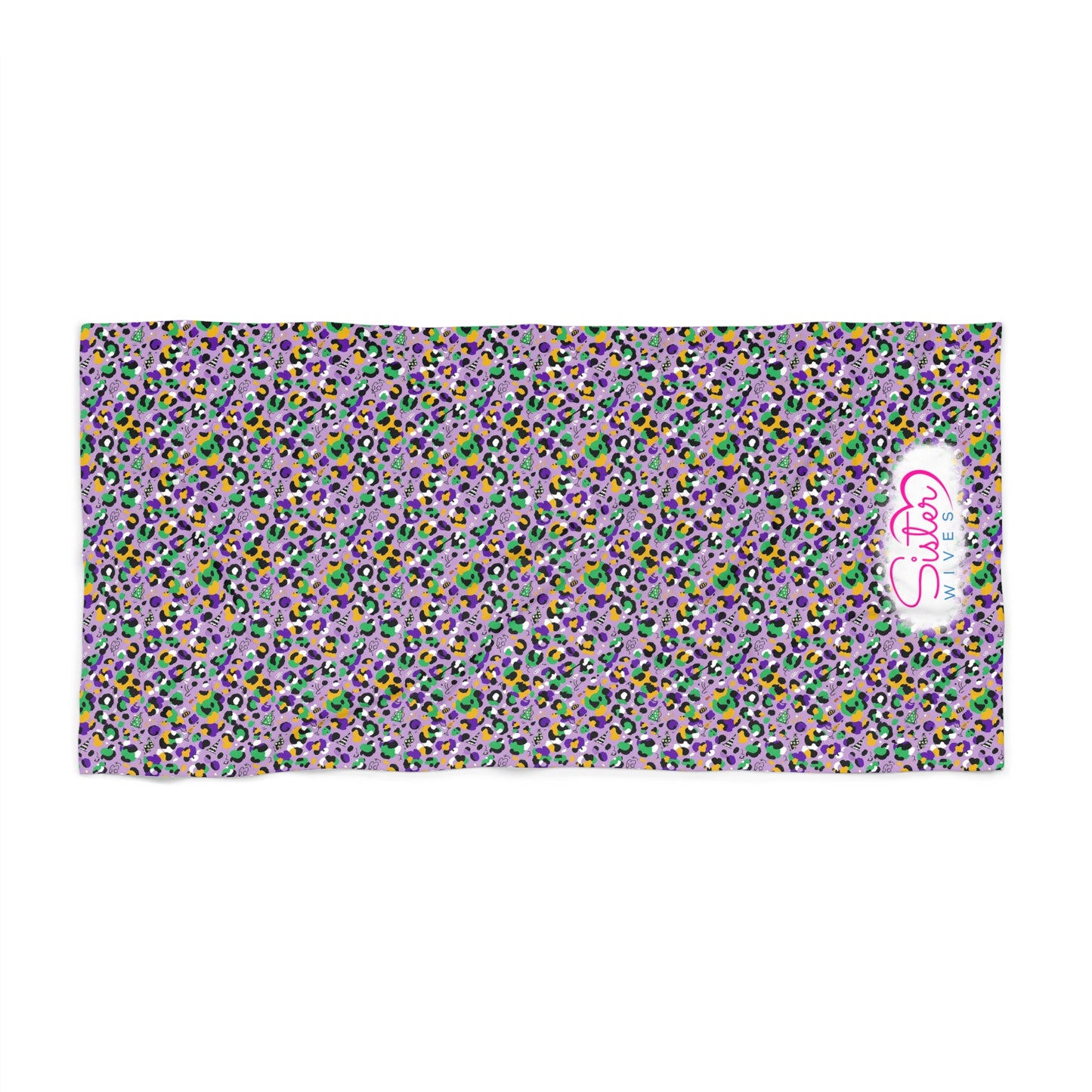 Mardi Gras Cheetah Print Beach Towel | Polyamory ENM Friendly | Matching Couple & Throuple Towel | Festival Cruise Pool & Resort Towel