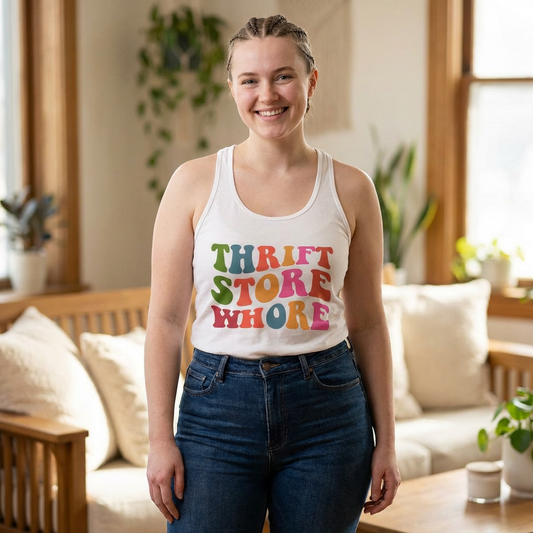 Thrift Store Whore Racerback Tank – Funny Thrifting Shirt | Vintage Lover Festival Top | Sex Positive Body Positive Apparel