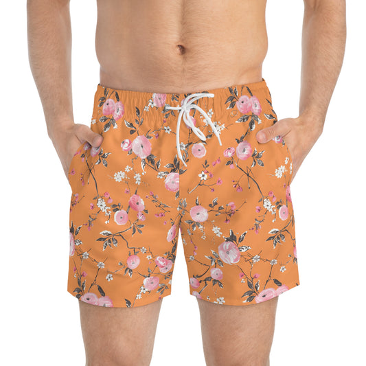Orange Men’s Floral & Citrus Swim Trunks – Vintage Gingham Orange Blossom Swim Shorts, Retro Summer Beach Board Shorts, Fast-Dry
