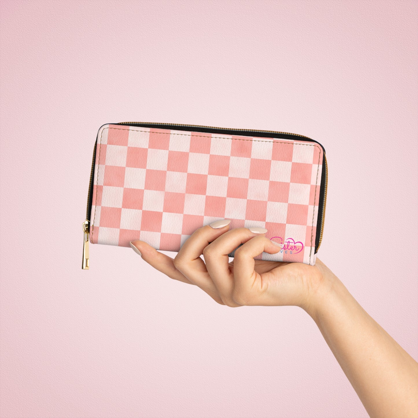 Checkered Pink Zipper Wallet | Polyamory Friendly Accessory | ENM Lifestyle Wallet | Inclusive Chosen Family Gift | Colorful Retro Checker Wallet