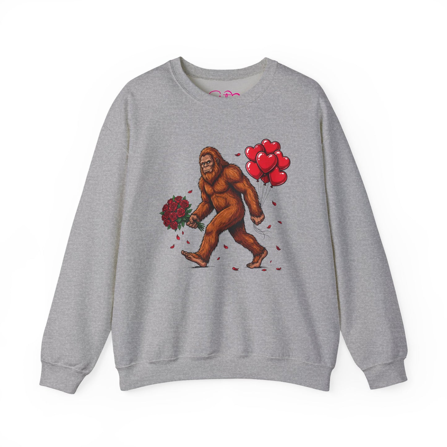 Bigfoot with Flowers Crewneck Sweatshirt | Sasquatch Valentine Pullover | Whimsical Cryptid Love Sweatshirt | Cozy Forest Aesthetic Apparel