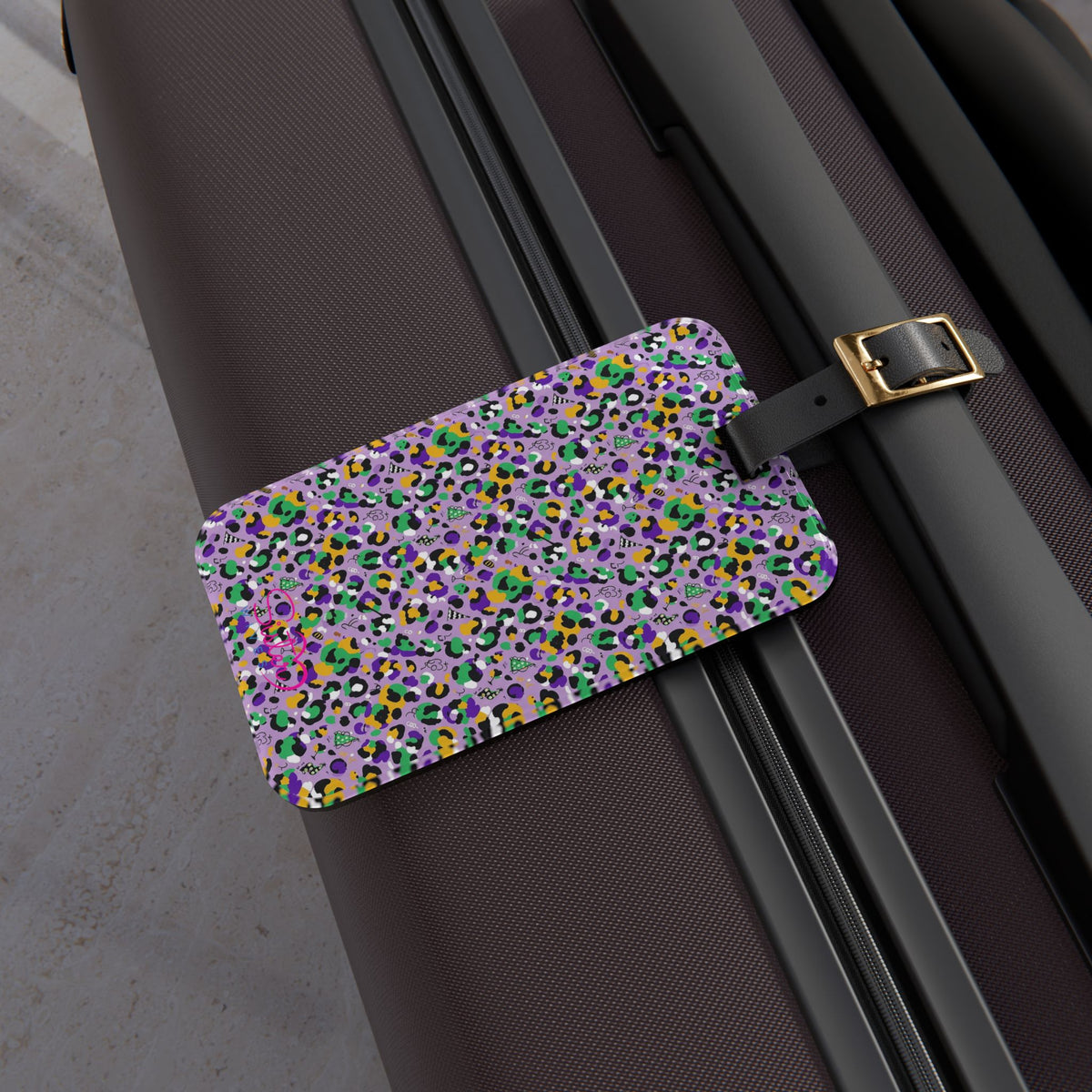 Mardi Gras Leopard Print Luggage Tag – Polyamory ENM Pride Travel Accessory, Colorful Acrylic Suitcase Tag