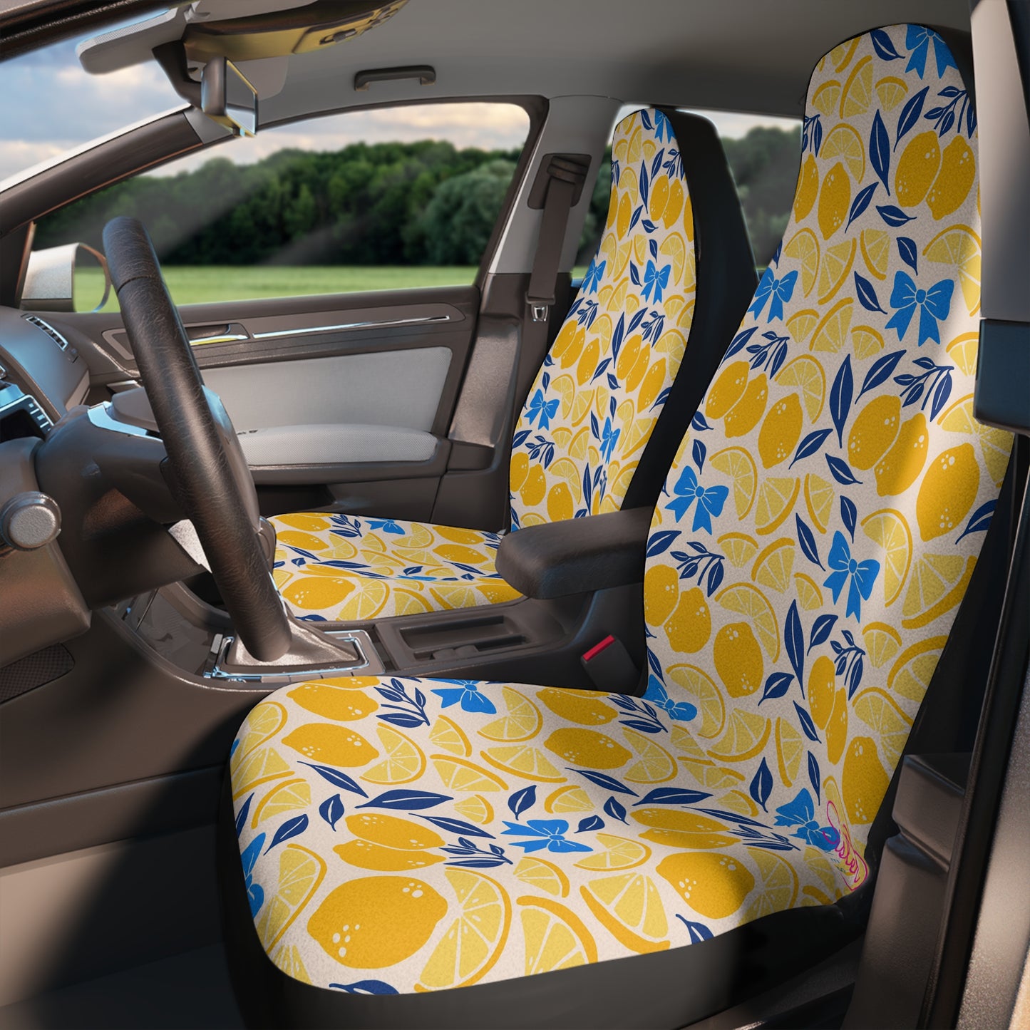 Lemon Car Seat Covers | Blue & Yellow Citrus Auto Decor | Mediterranean Boho Seat Covers | Polyamory & ENM Friendly