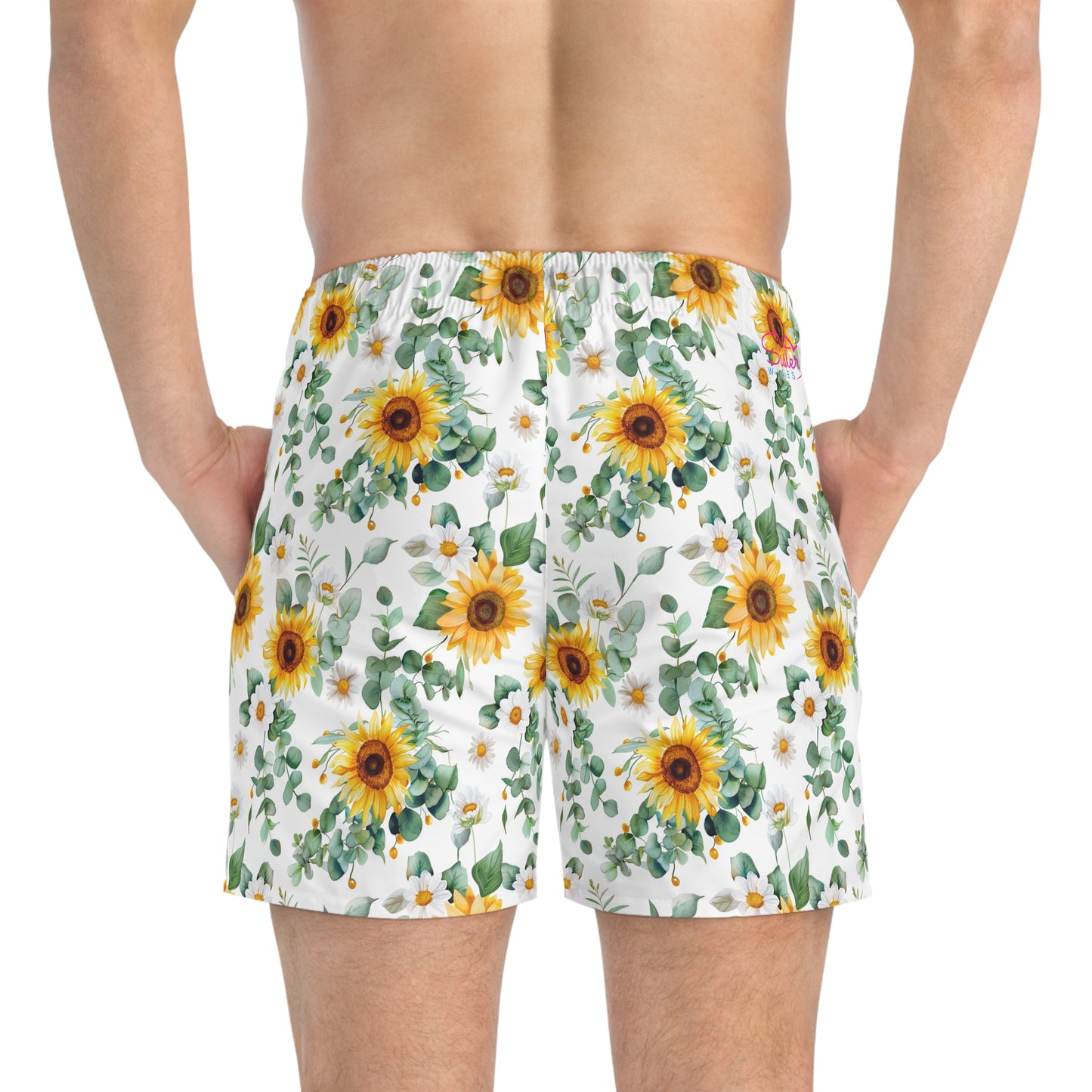 Men’s Sunflower & Daisy Swim Trunks – Bright Floral Summer Swim Shorts, ENM Polyamory Friendly Beach Board Shorts, Fast-Dry