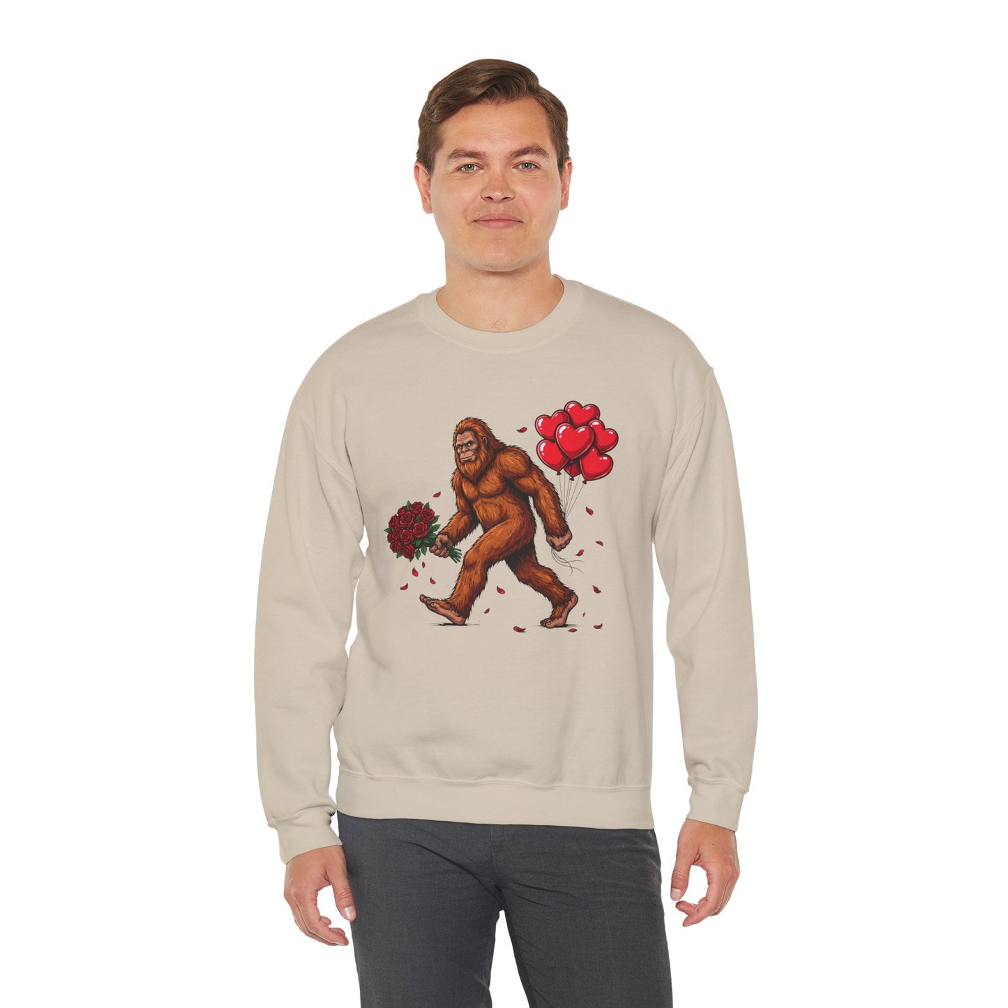 Bigfoot with Flowers Crewneck Sweatshirt | Sasquatch Valentine Pullover | Whimsical Cryptid Love Sweatshirt | Cozy Forest Aesthetic Apparel