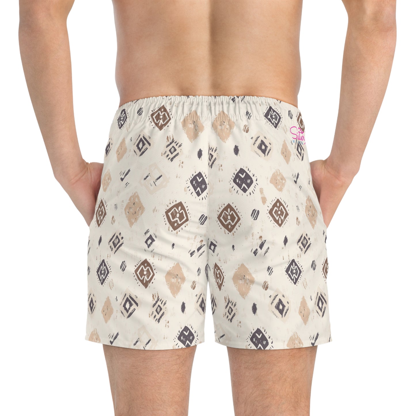 Men’s Boho Abstract Swim Trunks – Neutral Earth Tone Boardshorts | Modern Minimalist Swimwear | Fast-Dry Men’s Swim Shorts