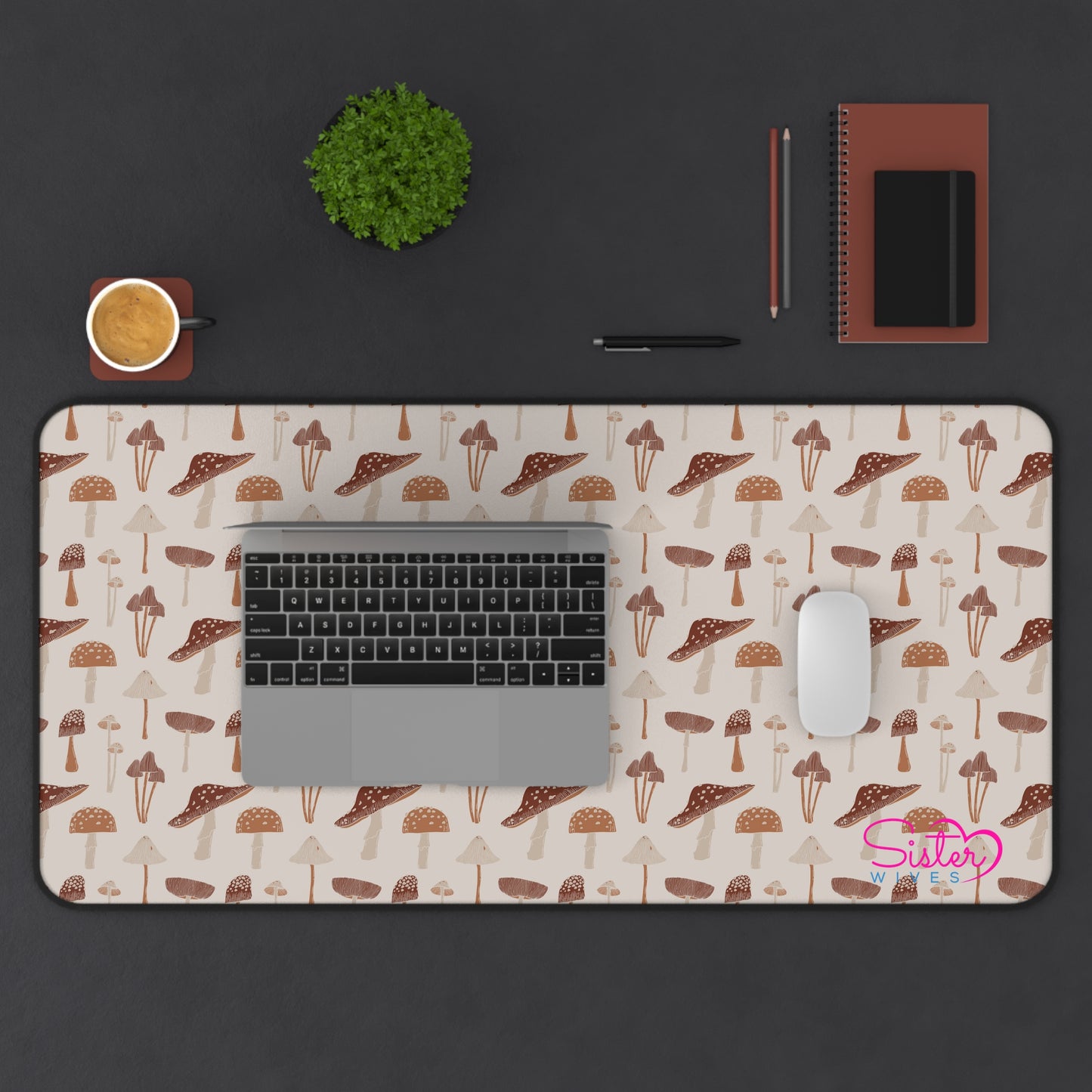 Brown Mushroom Desk Mat – Aesthetic Office Mouse Pad, Neoprene Extended Desk Mat, Polyamory Friendly Workspace Decor, Love-Positive Home Office Accessory