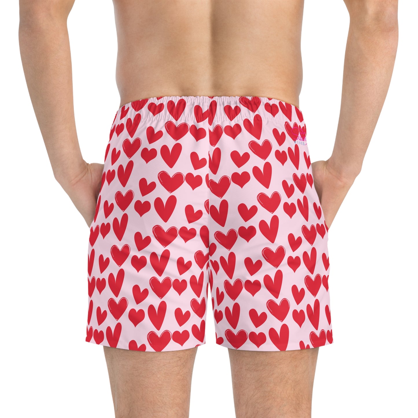 Men’s Valentine’s Heart Swim Trunks – Red Heart Print Board Shorts, Polyamory & ENM Friendly Swimwear, Fast-Dry Summer Shorts