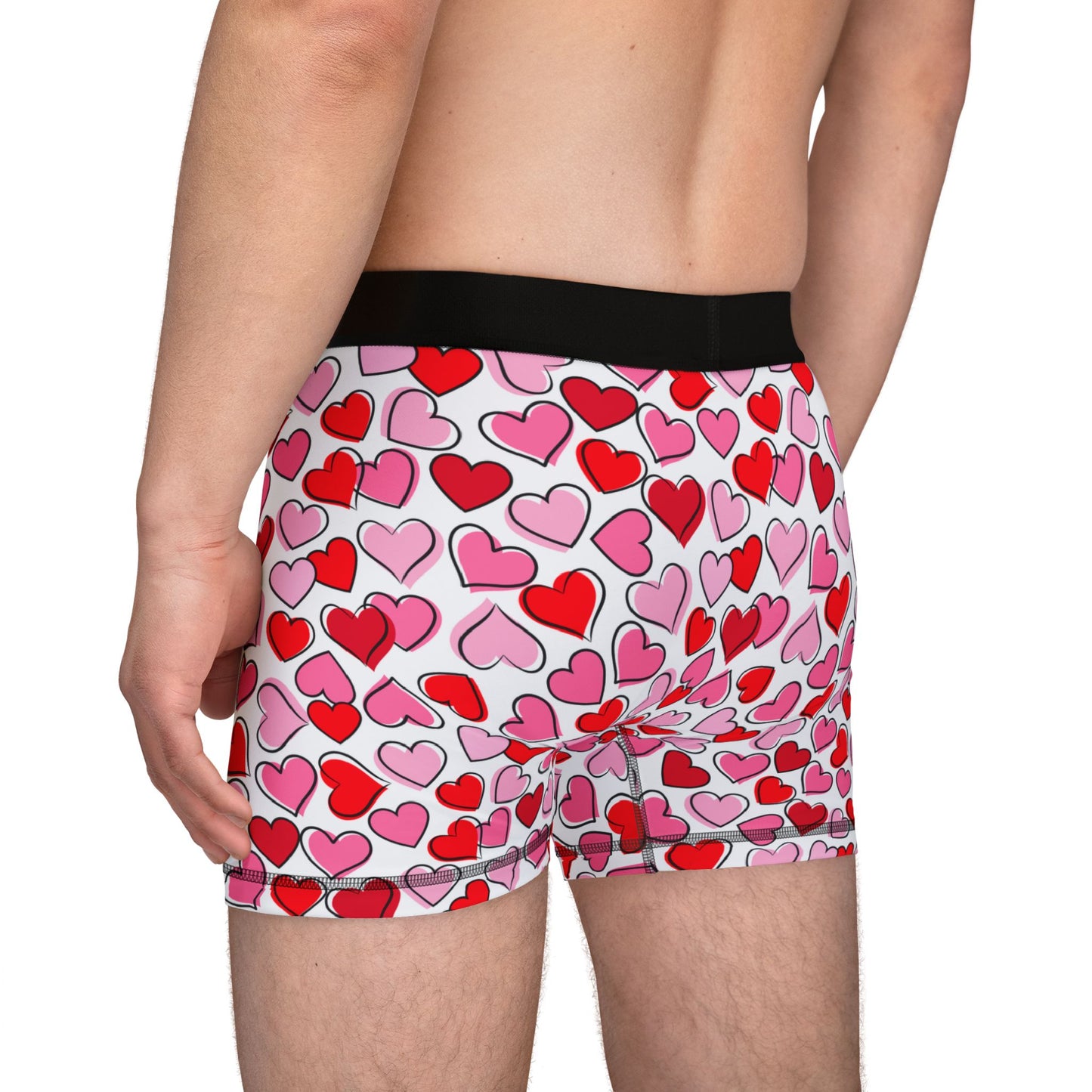White Men’s Heart Print Boxer Briefs – Polyamory & Swinger Friendly Underwear, ENM Pride Boxers, Matching Couples & Pairs Available