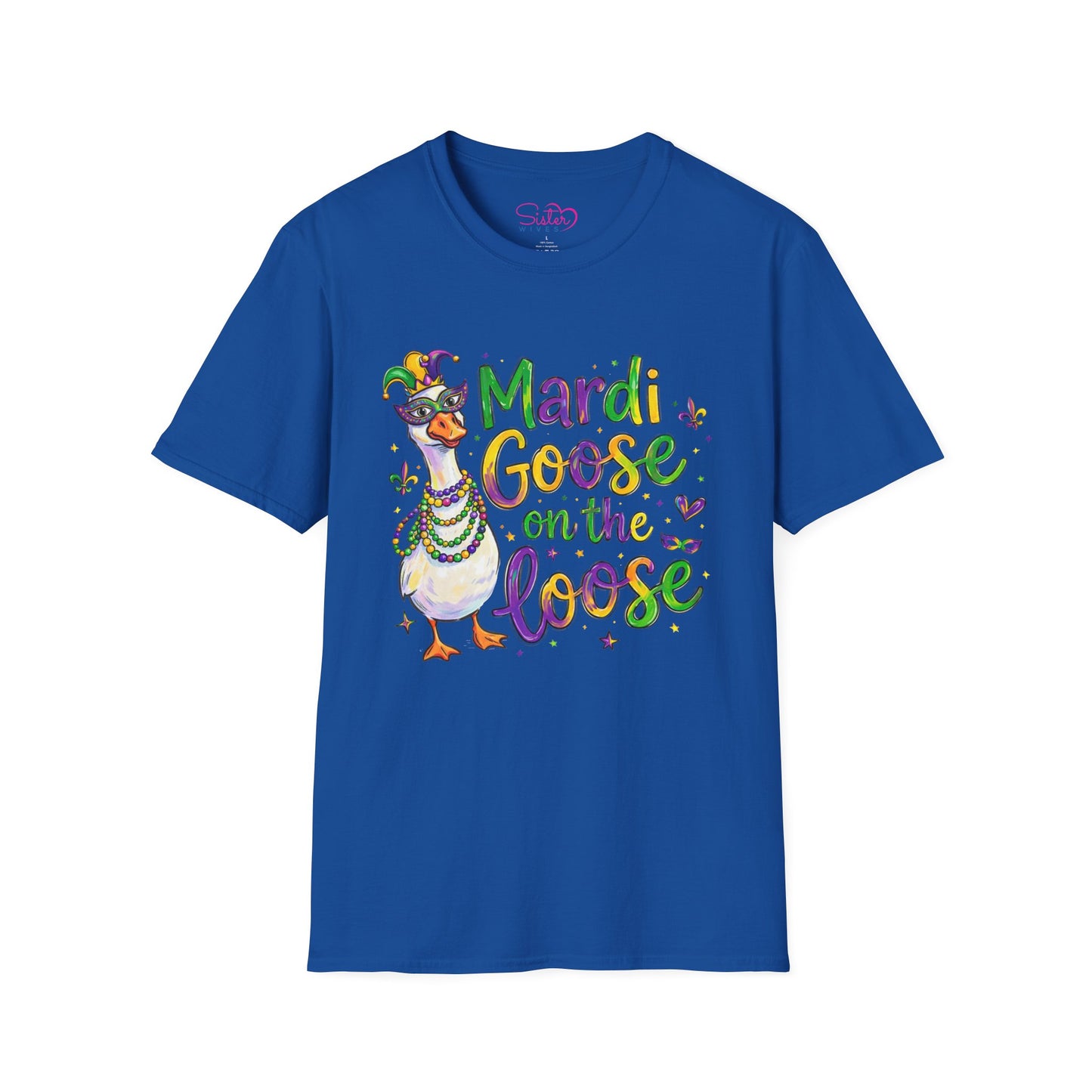 Mardi Goose on the Loose Shirt – Funny Mardi Gras Goose T-Shirt, Polyamory ENM Non-Monogamy Carnival Tee, Unisex Gildan 64000