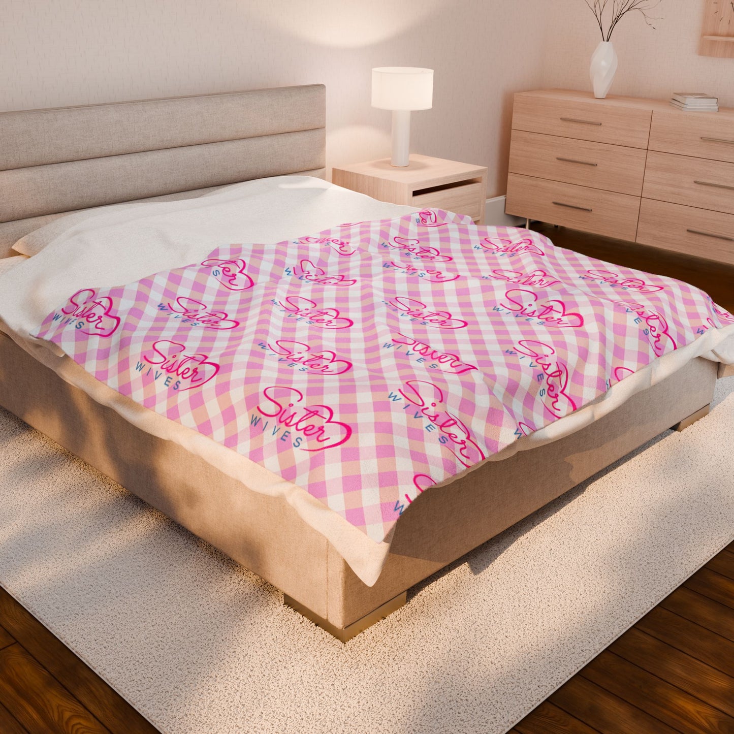 Sister Wives Light Pink Gingham Velveteen Plush Blanket