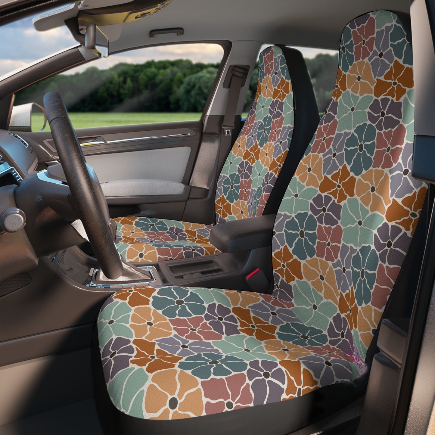 Retro Flower Car Seat Covers | Bohemian Auto Interior | Inclusive Polyamory Lifestyle Decor