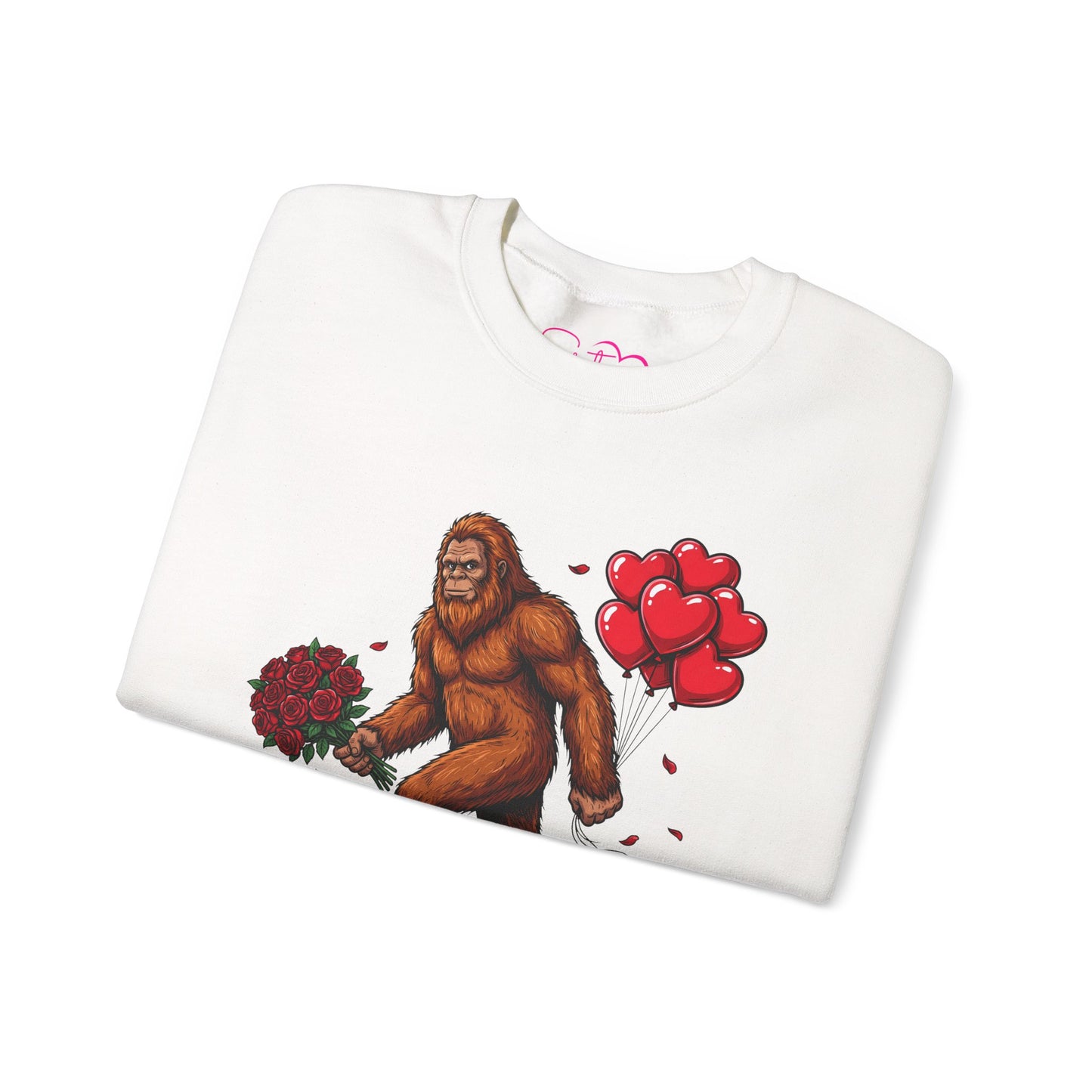 Bigfoot with Flowers Crewneck Sweatshirt | Sasquatch Valentine Pullover | Whimsical Cryptid Love Sweatshirt | Cozy Forest Aesthetic Apparel