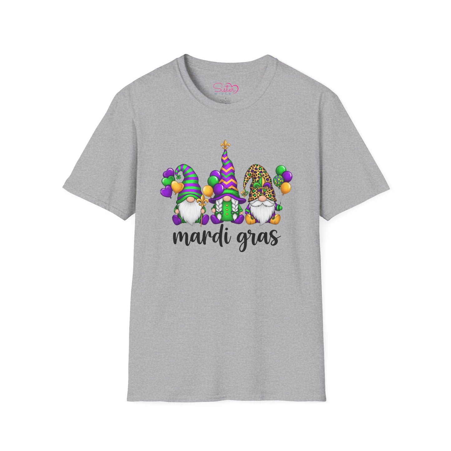 Mardi Gras Throuple Gnome T-Shirt | Polyamory ENM Pride Tee | Festive Gnome Graphic Shirt | Chosen Family Swinger Lifestyle Apparel