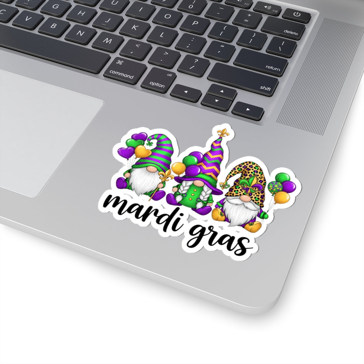 Mardi Gras Throuple Gnomes Kiss-Cut Sticker | Polyamory ENM Pride Vinyl Decal | Chosen Family Gnome Sticker | Mardi Gras Laptop Sticker