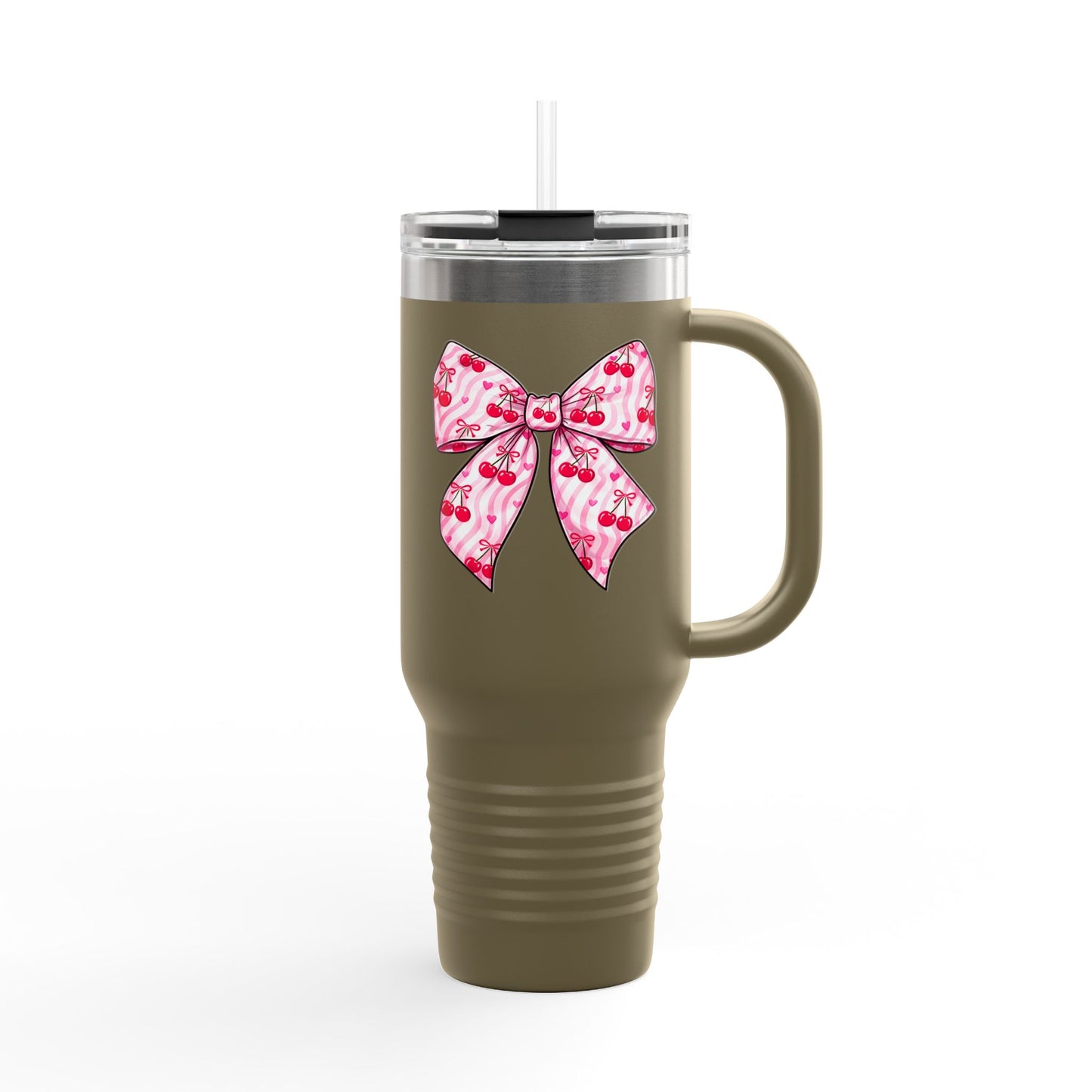 Pink Bow 40oz Insulated Travel Mug – Coquette Aesthetic Stainless Steel Tumbler with Straw | Cute Feminine BPA-Free Cup