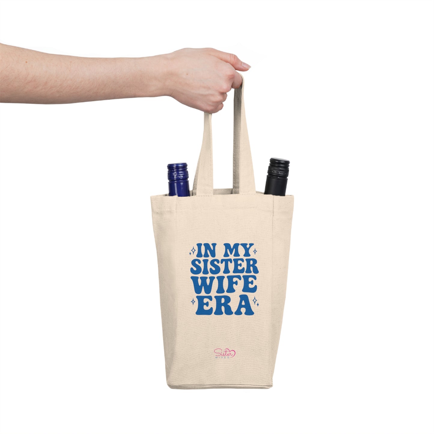 Double Wine Tote Blue "In My Sister Wife Era" Canvas Bottle Carrier, Bridal Shower & Sisterhood Gift