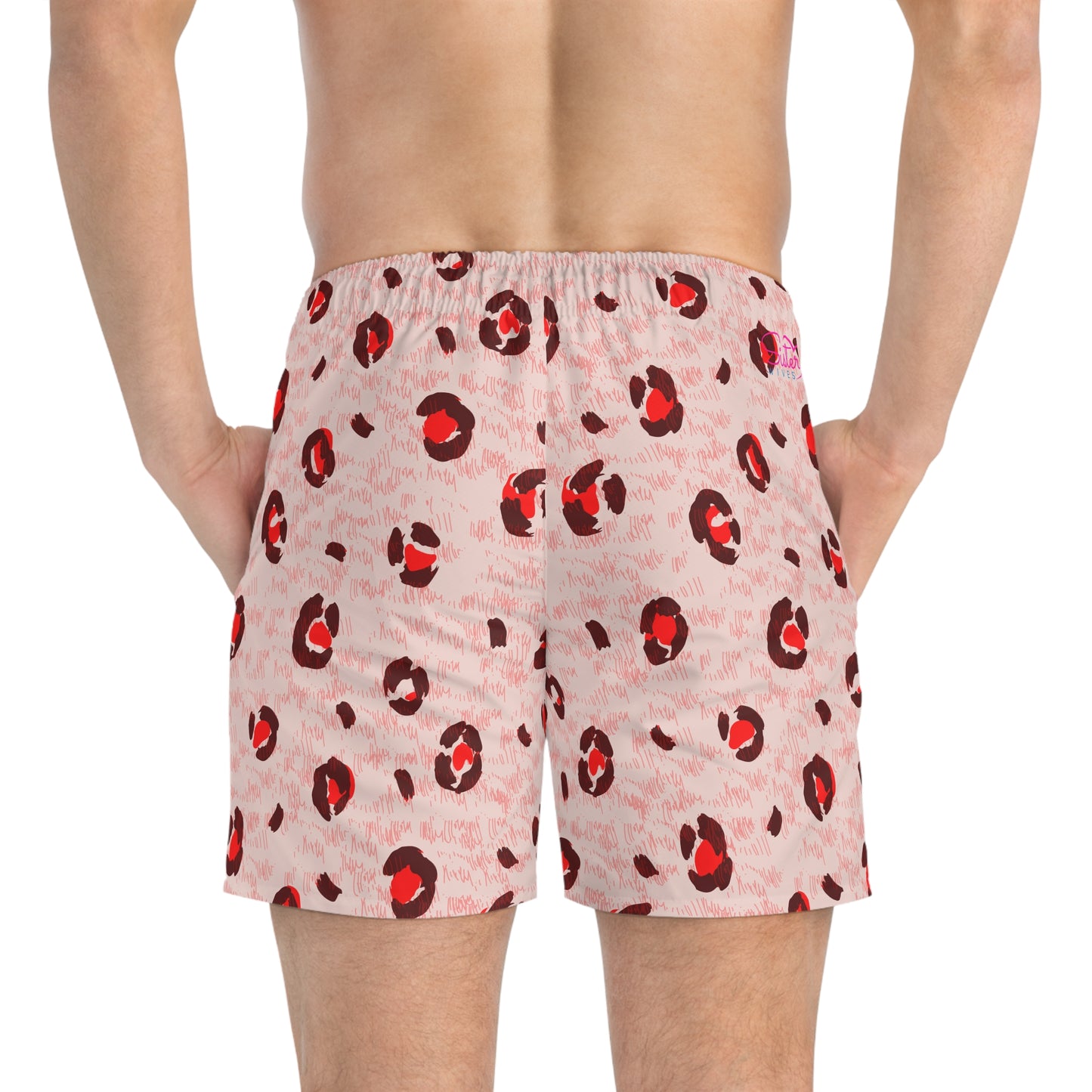 Men’s Valentine’s Leopard Heart Swim Trunks – Red Animal Print Board Shorts, Polyamory & ENM Friendly Swimwear, Fast-Dry Summer Shorts
