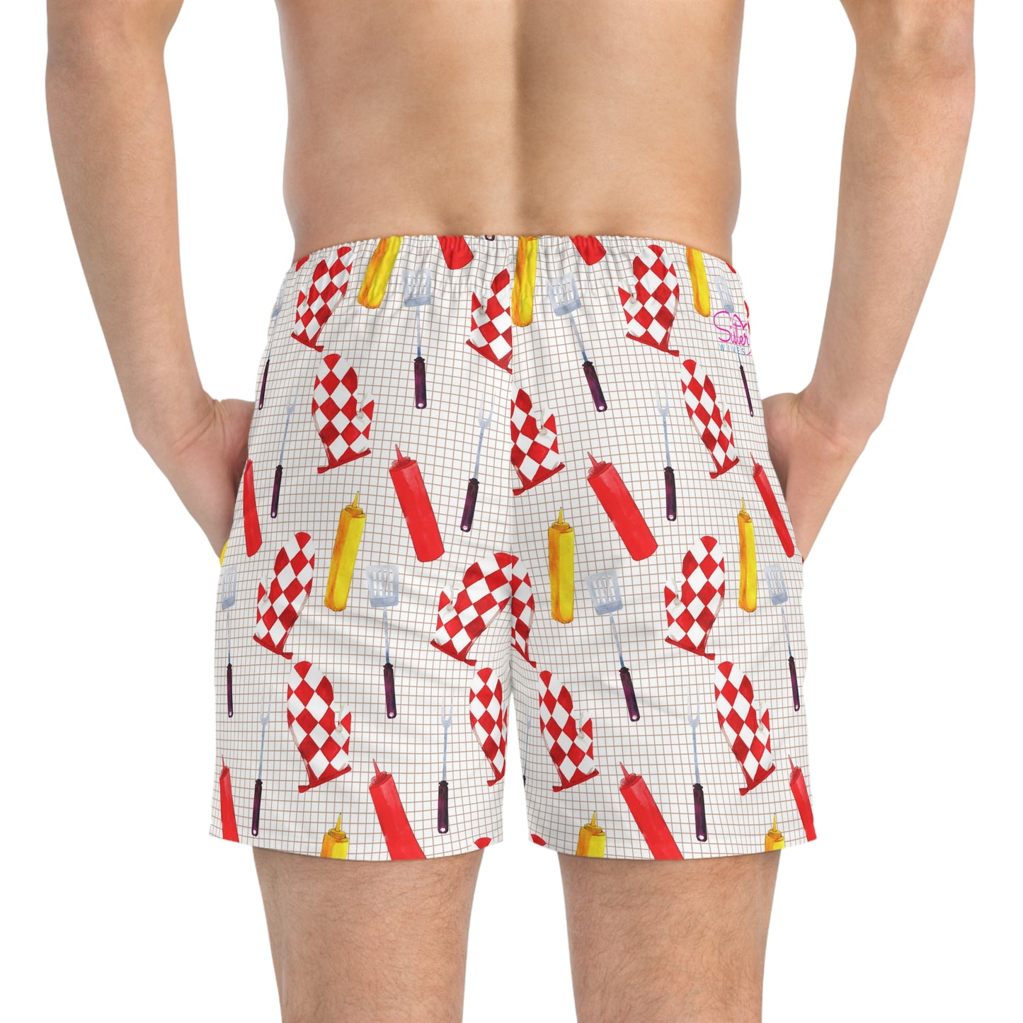 Men’s BBQ Swim Trunks – Grill & Cookout Boardshorts | Funny Food Print Swimwear | Fast-Dry Summer Swim Shorts