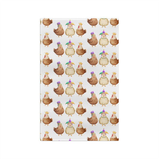 Mardi Gras Throuple Chicken Tea Towel | Polyamory Chosen Family Kitchen Towel | Festive Mardi Gras Chickens Microfiber Dish Towel