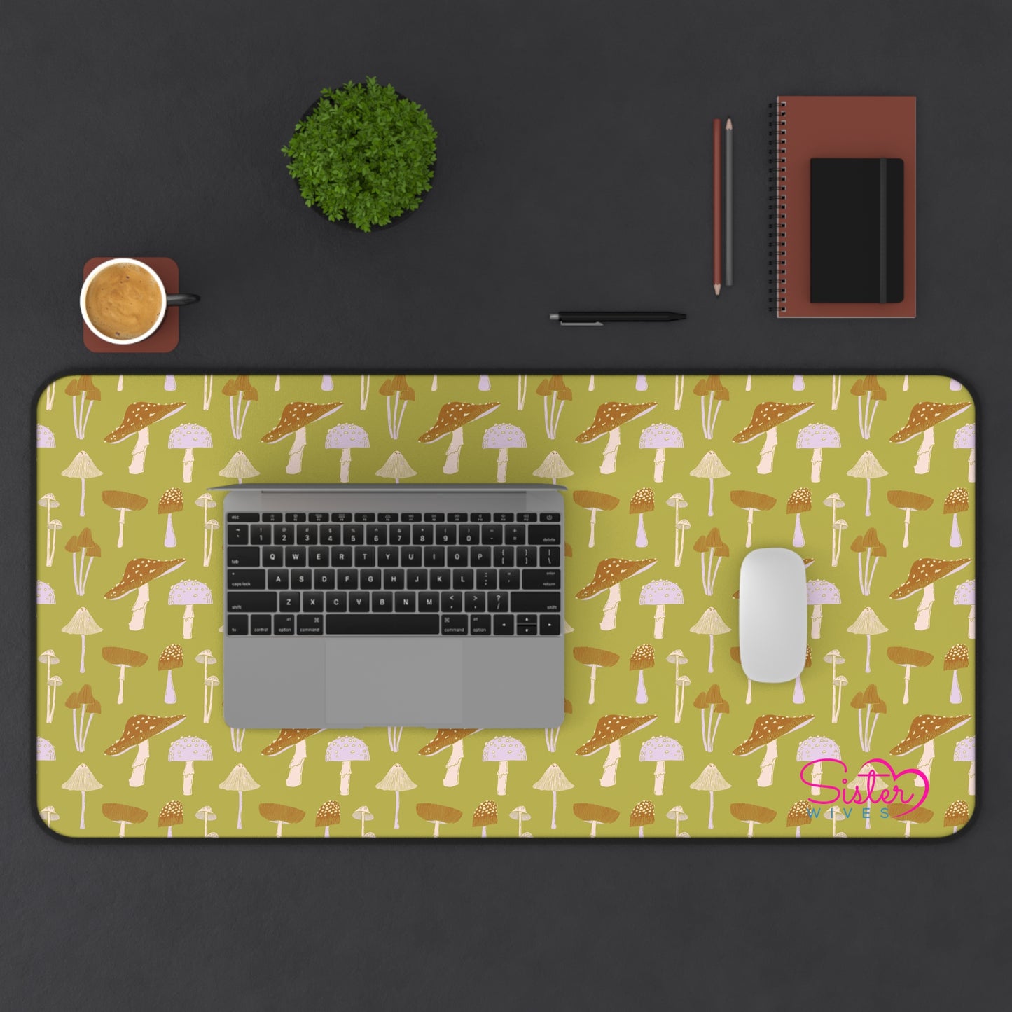 Sage Mushroom Desk Mat – Aesthetic Office Mouse Pad, Neoprene Extended Desk Mat, Polyamory Friendly Workspace Decor, Love-Positive Home Office Accessory