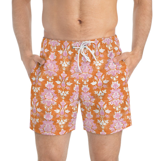Orange Men’s Floral & Citrus Swim Trunks – Vintage Gingham Orange Blossom Swim Shorts, Retro Summer Beach Board Shorts, Fast-Dry