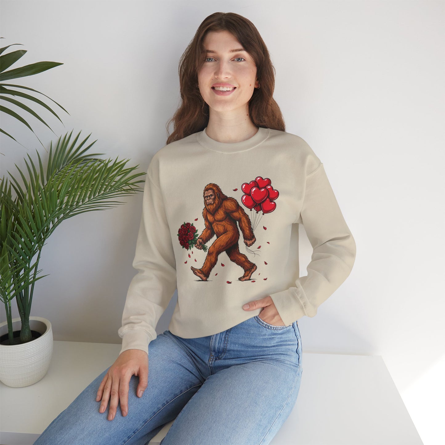 Bigfoot with Flowers Crewneck Sweatshirt | Sasquatch Valentine Pullover | Whimsical Cryptid Love Sweatshirt | Cozy Forest Aesthetic Apparel
