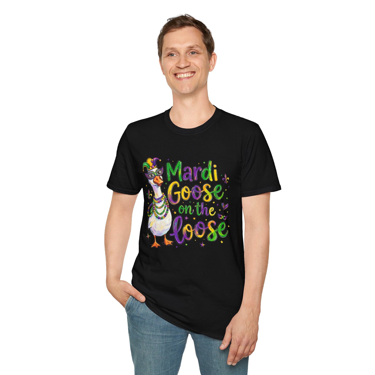 Mardi Goose on the Loose Shirt – Funny Mardi Gras Goose T-Shirt, Polyamory ENM Non-Monogamy Carnival Tee, Unisex Gildan 64000