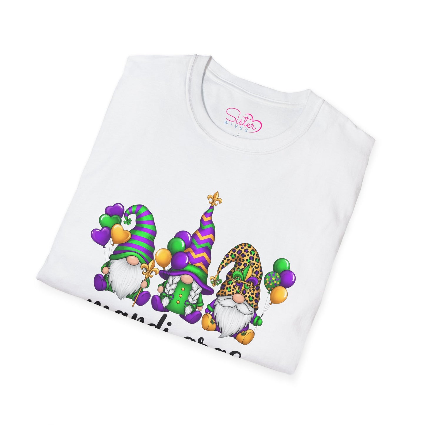 Mardi Gras Throuple Gnome T-Shirt | Polyamory ENM Pride Tee | Festive Gnome Graphic Shirt | Chosen Family Swinger Lifestyle Apparel