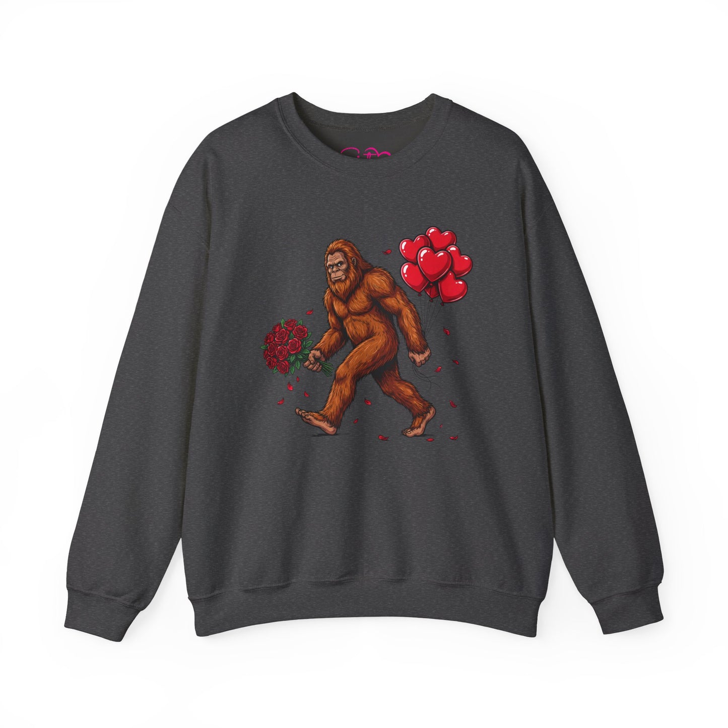 Bigfoot with Flowers Crewneck Sweatshirt | Sasquatch Valentine Pullover | Whimsical Cryptid Love Sweatshirt | Cozy Forest Aesthetic Apparel