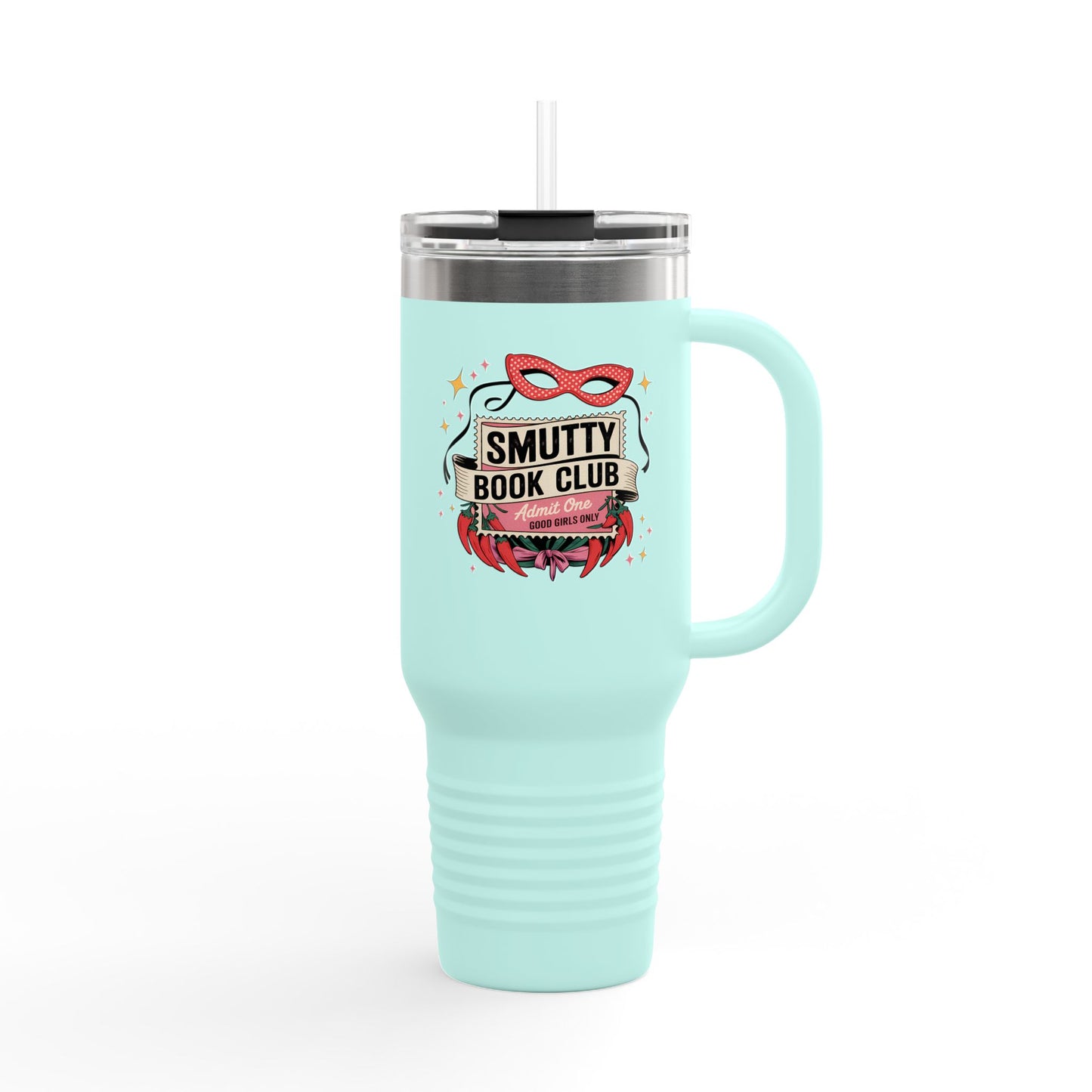 Smutty Book Club 40oz Insulated Travel Mug – Admit One Romance Reader Tumbler with Straw | Funny Spicy Booktok Cup