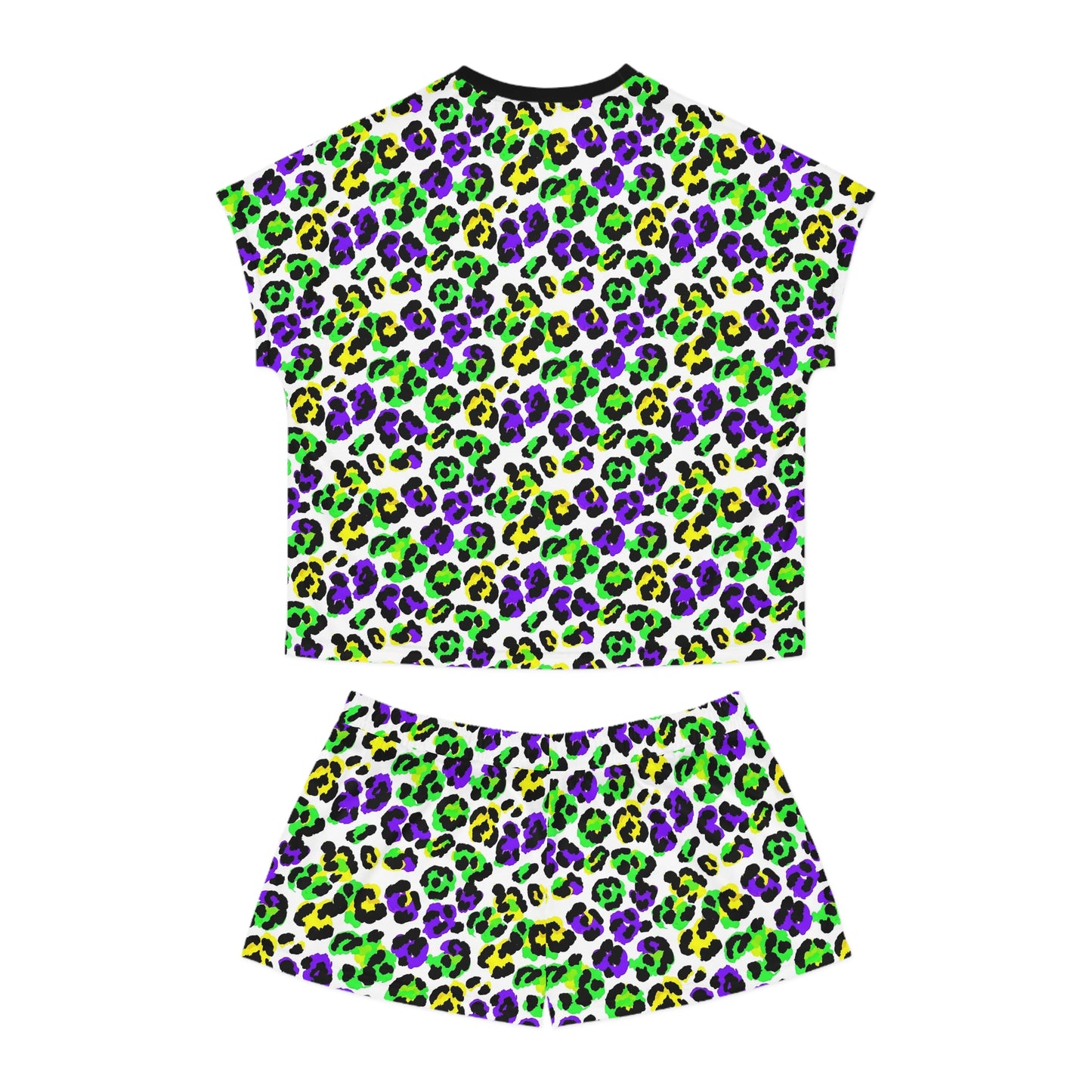 Mardi Gras Leopard Print Pajama Set – Animal Print Short Sleeve Sleepwear, Polyamory Friendly ENM Lounge Set, Bold Festival Pajamas