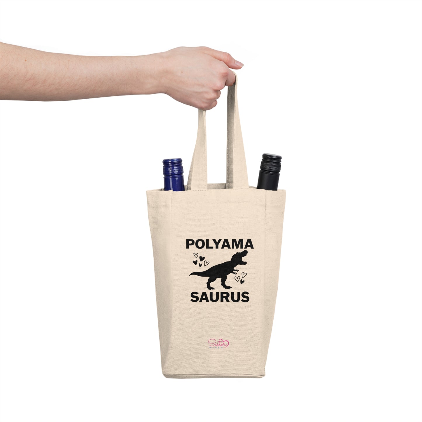 Polyamasaurus Double Wine Tote Bag – Funny Polyamory Dinosaur Wine Carrier | ENM Date Night Tote | 2 Bottle Canvas Wine Bag