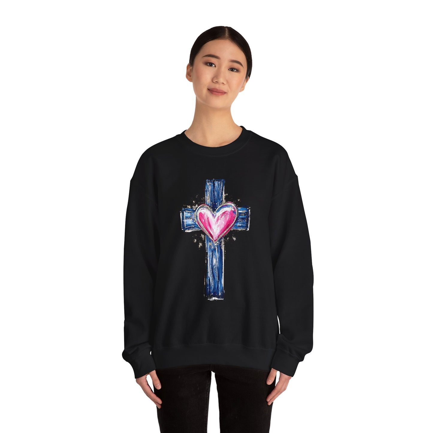 Cross with Heart Crewneck Sweatshirt | Love-Centered Faith Pullover | Inclusive Christian Apparel | Cozy Spiritual Sweatshirt