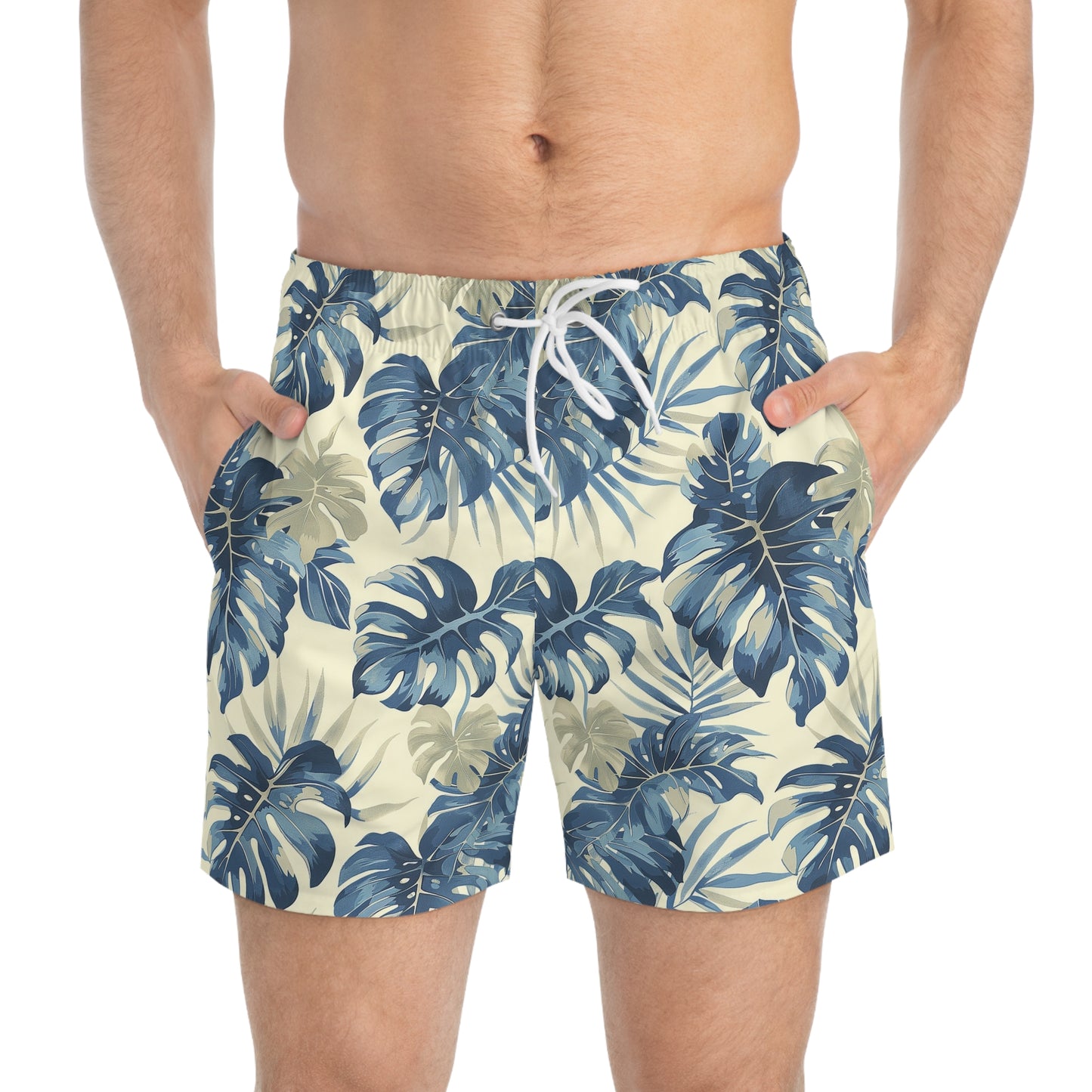 Tropical Leaf Swim Trunks for Men – Blue Palm Fast-Dry Board Shorts with Drawstring | XS–3XL Summer Swimwear