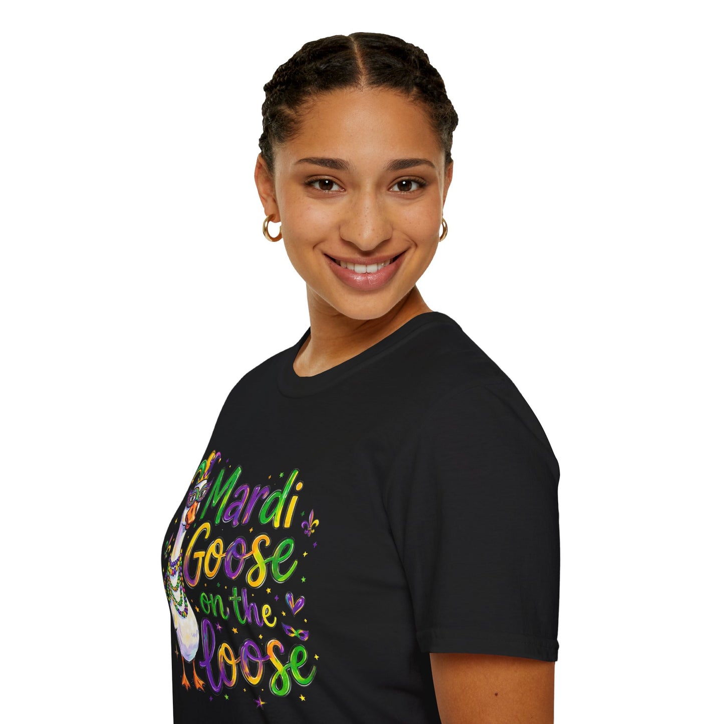Mardi Goose on the Loose Shirt – Funny Mardi Gras Goose T-Shirt, Polyamory ENM Non-Monogamy Carnival Tee, Unisex Gildan 64000