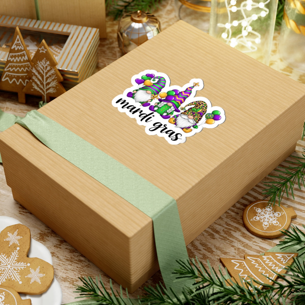 Mardi Gras Throuple Gnomes Kiss-Cut Sticker | Polyamory ENM Pride Vinyl Decal | Chosen Family Gnome Sticker | Mardi Gras Laptop Sticker