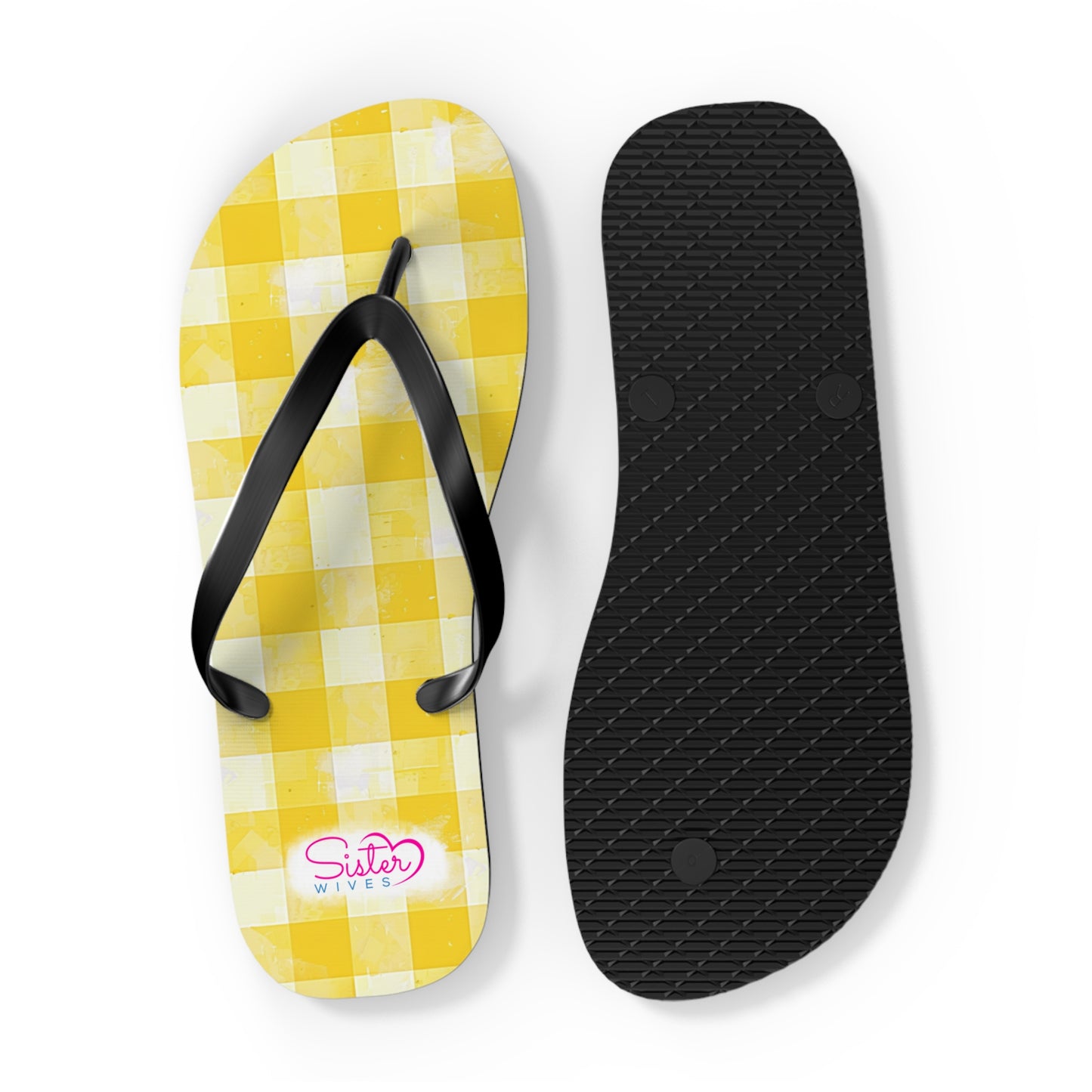 Cute Yellow Gingham Flip Flops for Women | Ethical Non Monogamy Lifestyle Summer Sandals