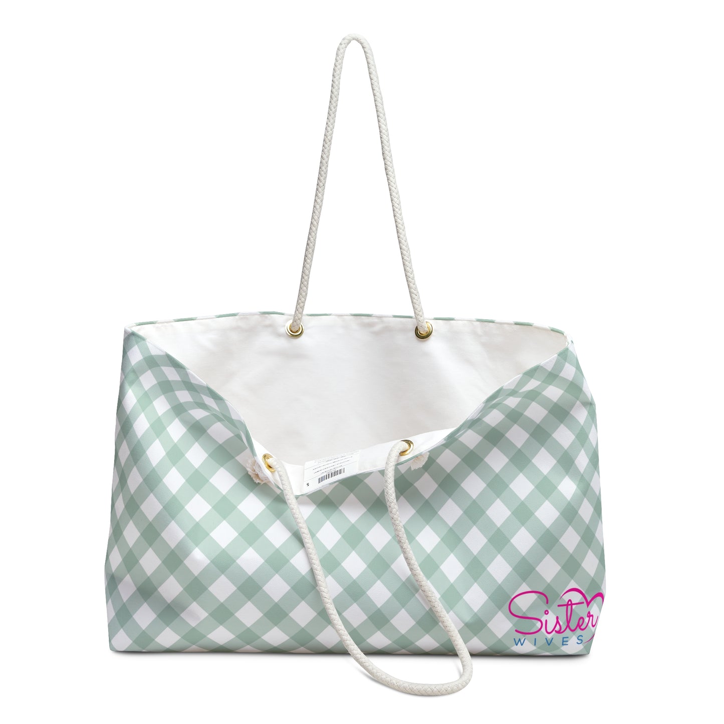 Sage Gingham Weekender Tote Bag | Soft Green Aesthetic Travel Bag | Sisterwives Polyamory Overnight Tote | Ethical Non-Monogamy Gift