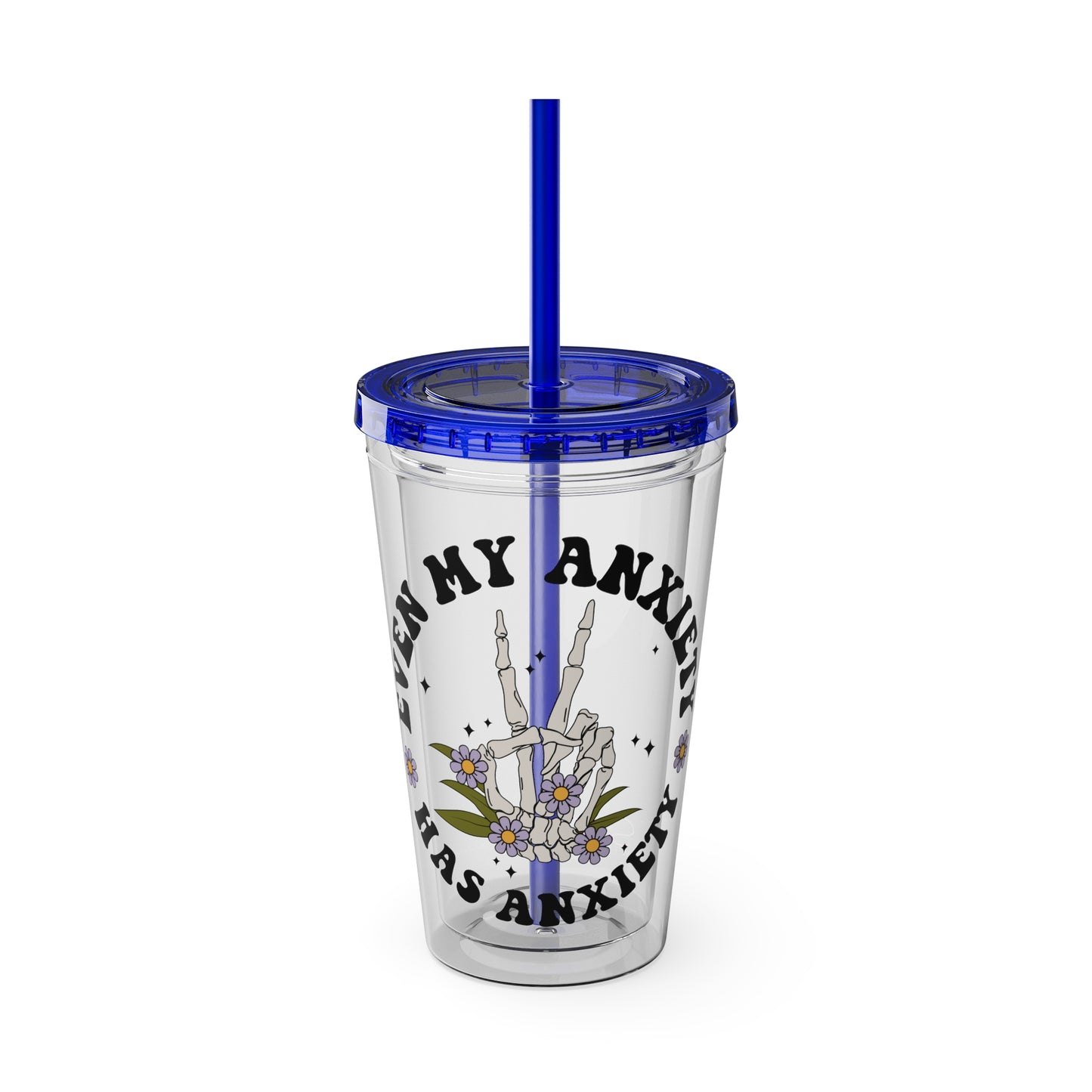 Even My Anxiety Has Anxiety” Skeleton Peace Sign 16oz Sunsplash Tumbler | Dark Humor Mental Health Cup | Goth Aesthetic Drinkware | Spooky Skeleton Cup | Anxiety Humor Gift