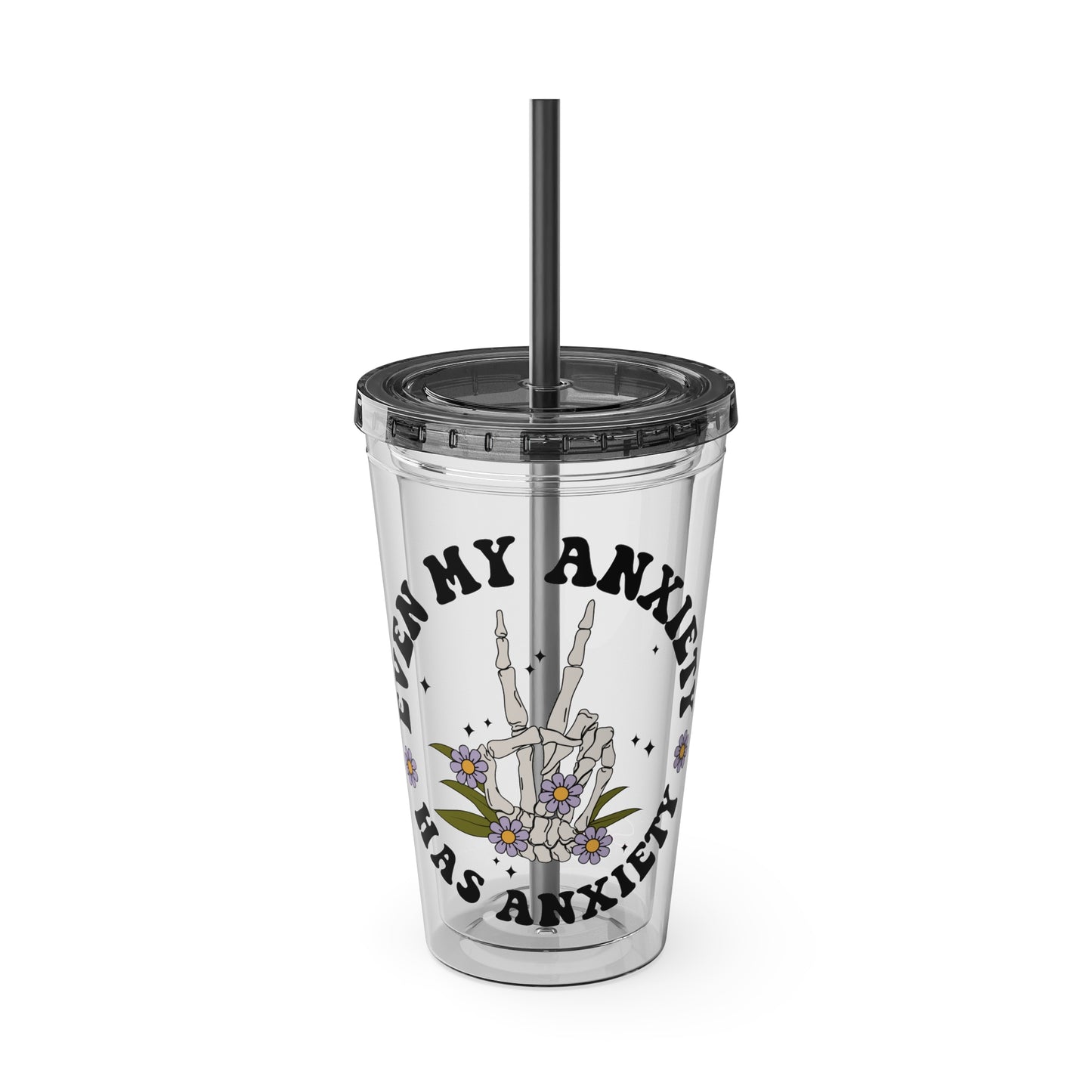 Even My Anxiety Has Anxiety” Skeleton Peace Sign 16oz Sunsplash Tumbler | Dark Humor Mental Health Cup | Goth Aesthetic Drinkware | Spooky Skeleton Cup | Anxiety Humor Gift