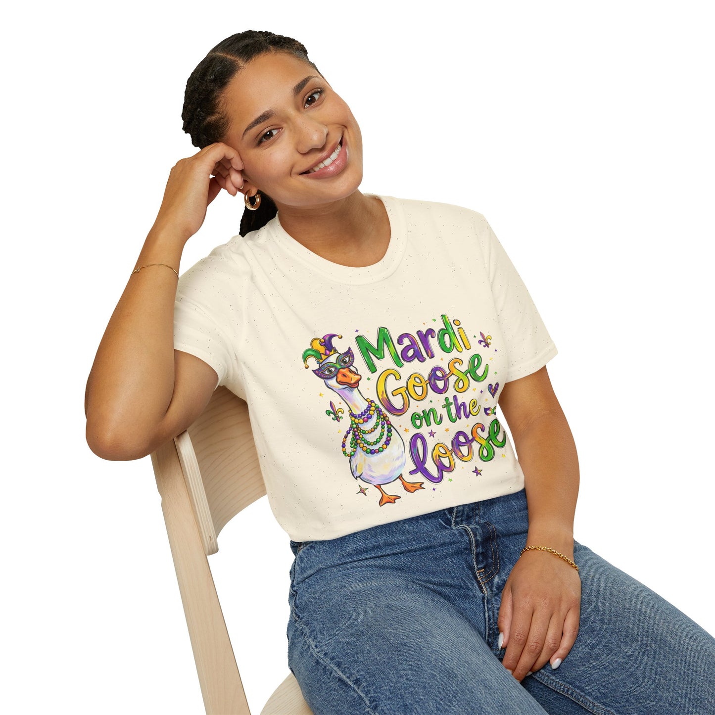 Mardi Goose on the Loose Shirt – Funny Mardi Gras Goose T-Shirt, Polyamory ENM Non-Monogamy Carnival Tee, Unisex Gildan 64000