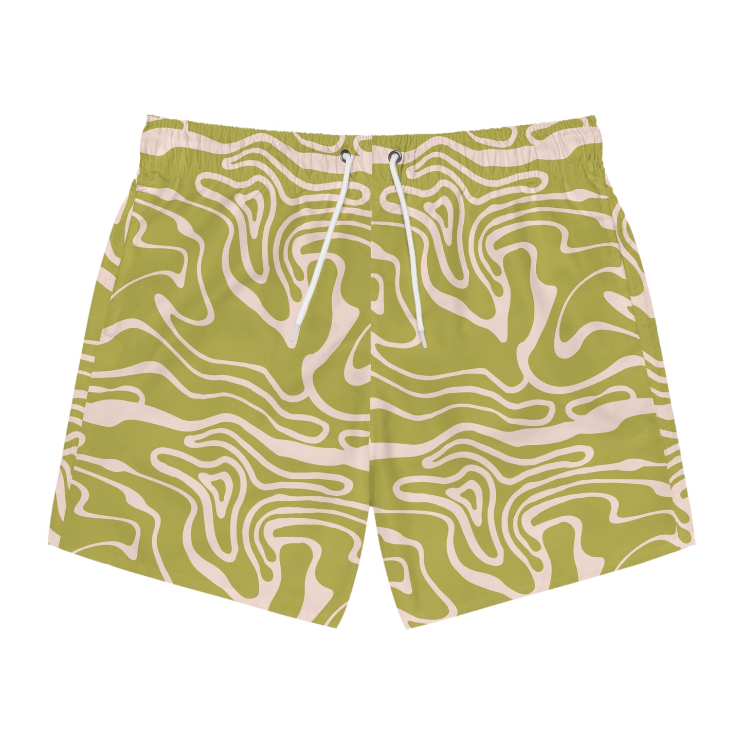 Olive Green Abstract Swim Trunks for Men – Modern Fast-Dry Board Shorts with Drawstring | XS–3XL Summer Swimwear