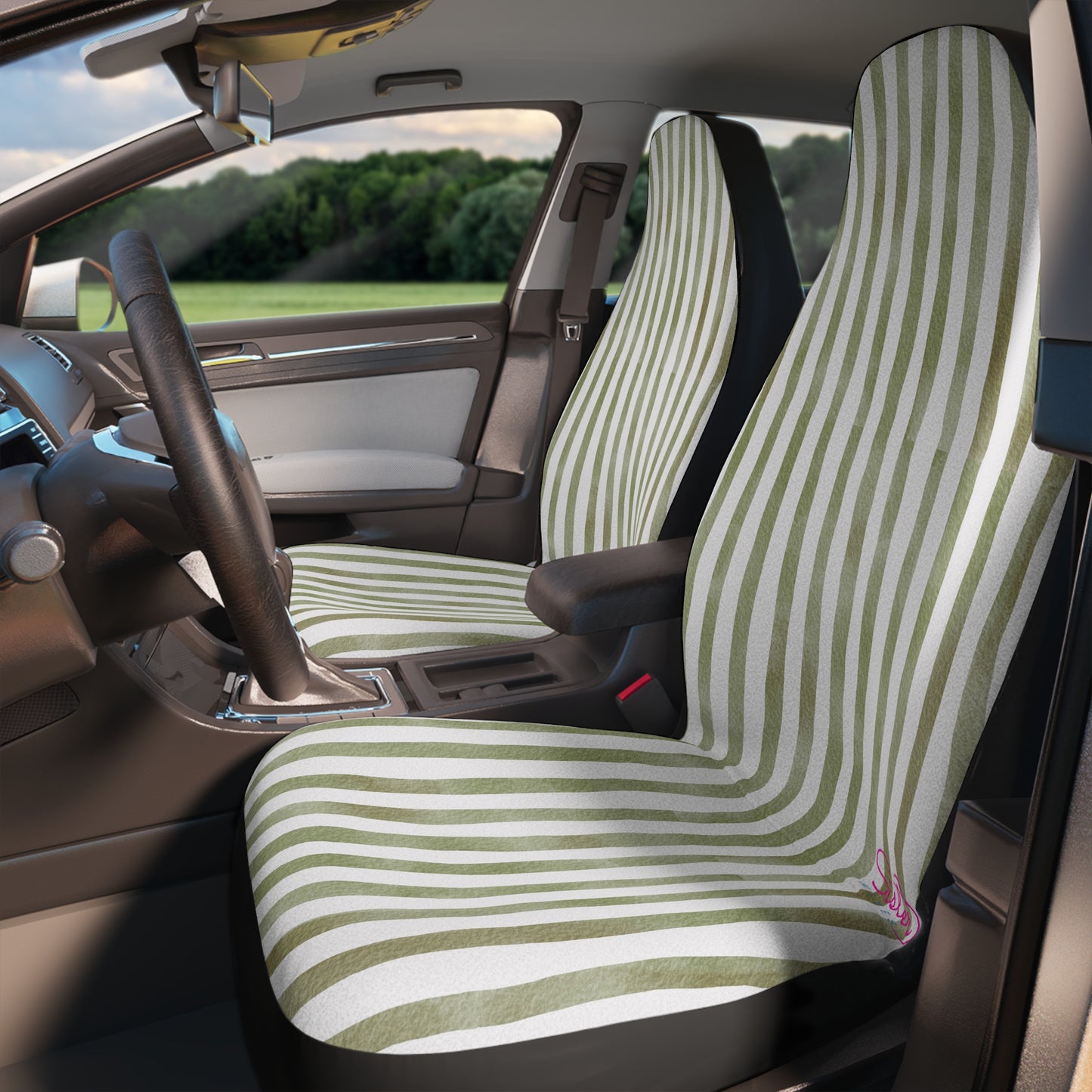 Sage Green Stripe Car Seat Covers – Minimalist Boho Auto Decor | Polyamory & ENM Friendly