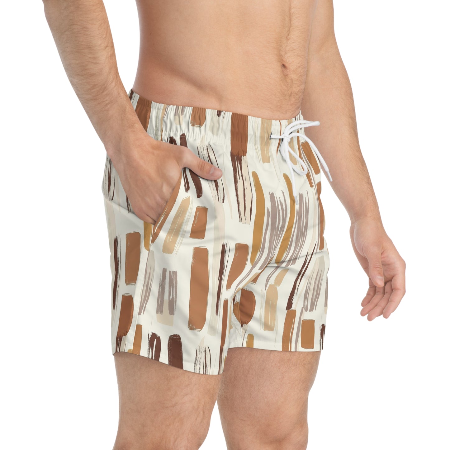 Men’s Boho Abstract Swim Trunks – Neutral Earth Tone Boardshorts | Modern Minimalist Swimwear | Fast-Dry Men’s Swim Shorts
