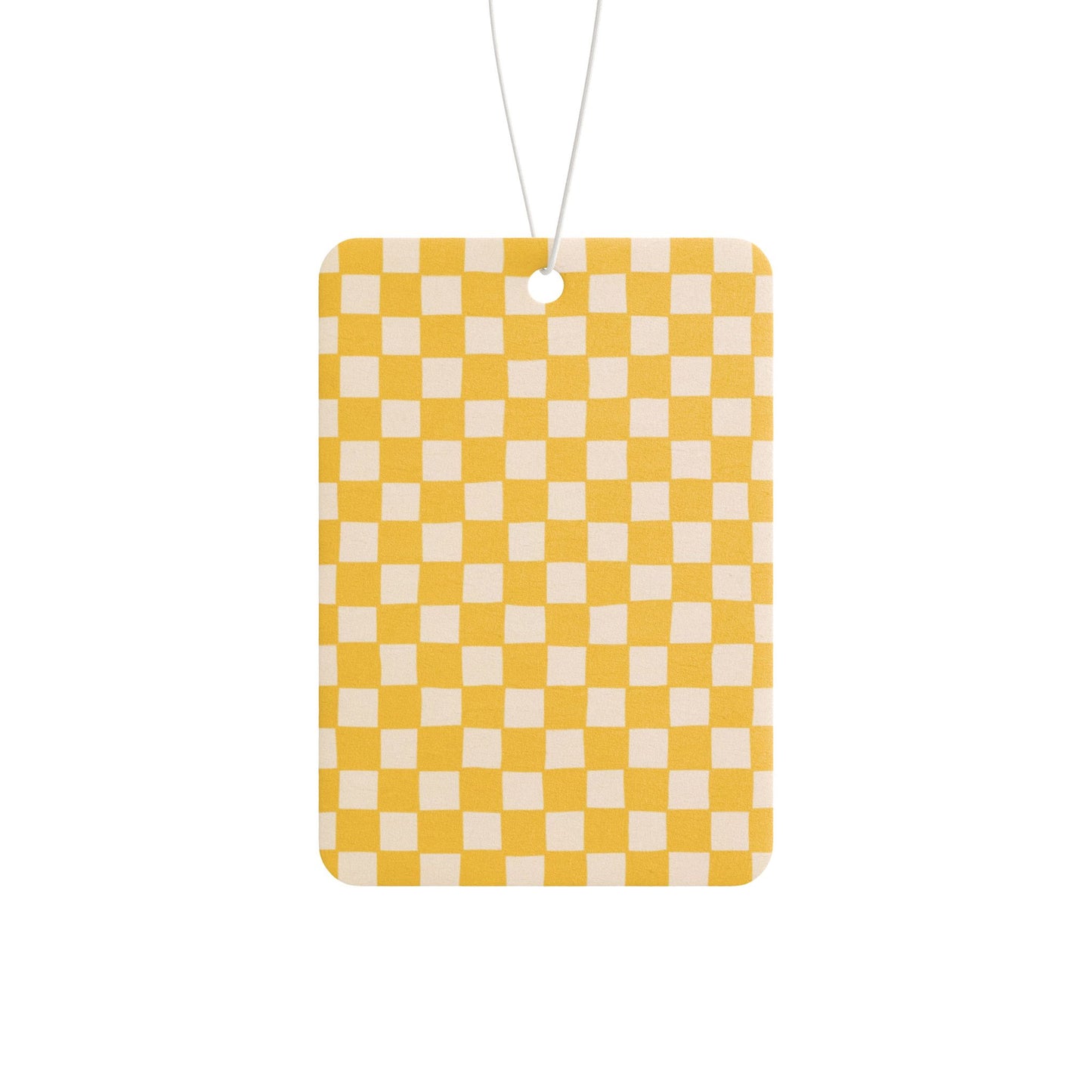 Yellow Checkered Car Air Freshener – Retro Aesthetic Hanging Diffuser | Pine, New Car & Black Ice Scents