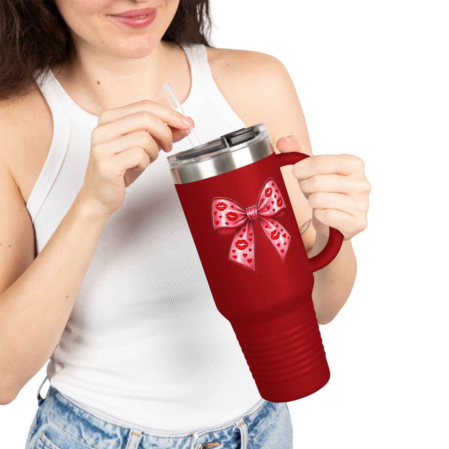 Pink Bow 40oz Insulated Travel Mug – Coquette Aesthetic Stainless Steel Tumbler with Straw | Cute Feminine BPA-Free Cup