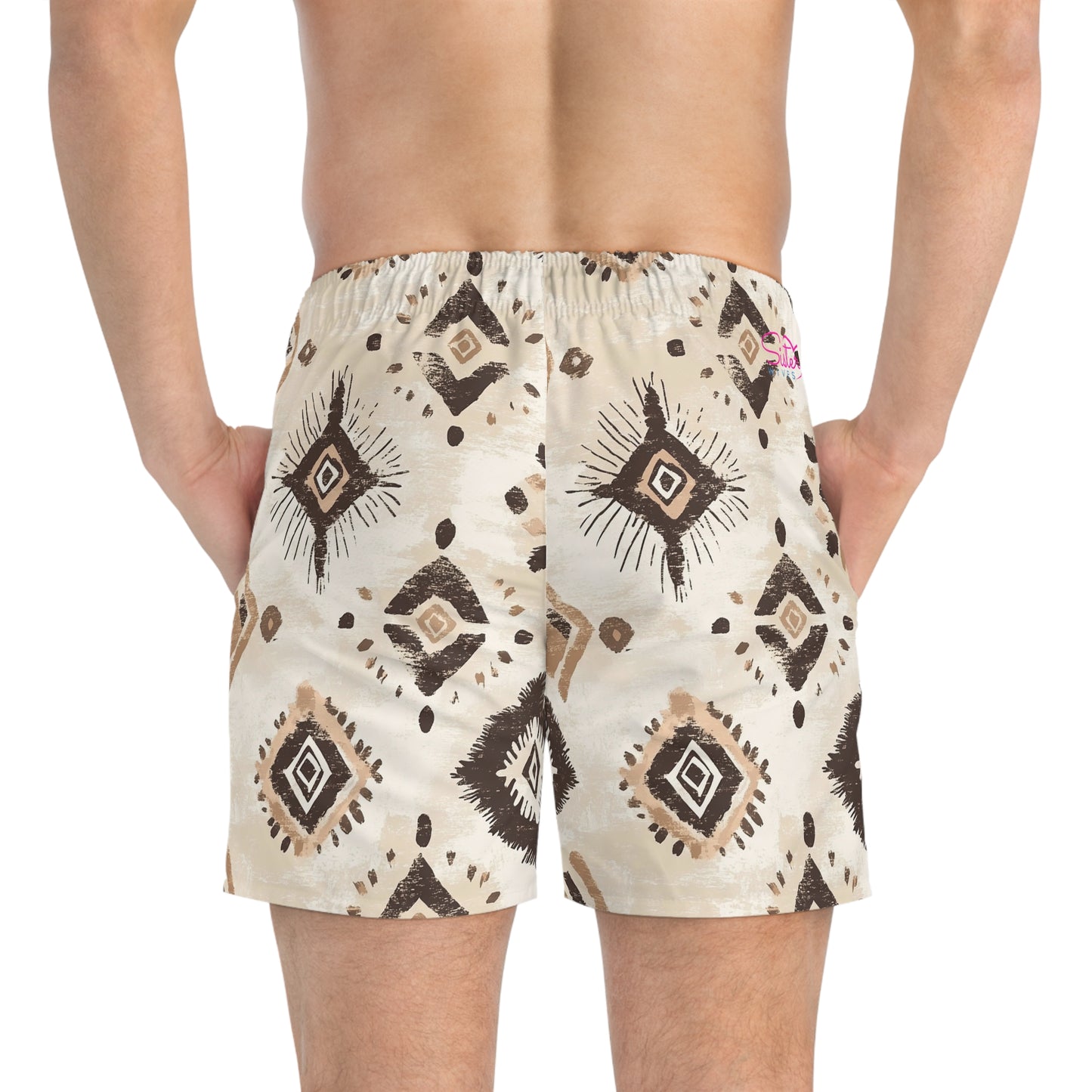 Men’s Boho Abstract Swim Trunks – Neutral Earth Tone Boardshorts | Modern Minimalist Swimwear | Fast-Dry Men’s Swim Shorts