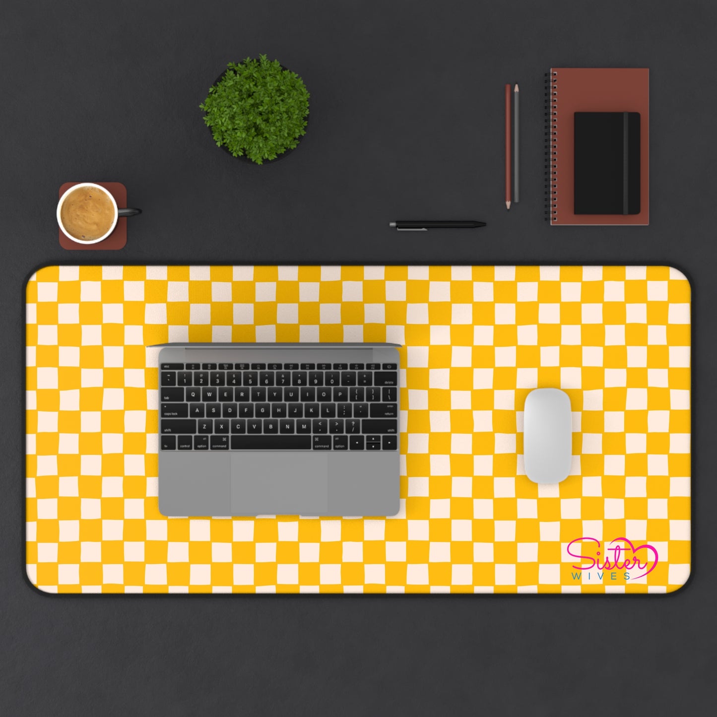 Yellow Checkered Desk Mat – Retro Checkerboard Mouse Pad, Neoprene Extended Desk Mat, Polyamory Friendly Office Decor, Love-Positive Workspace Accessory