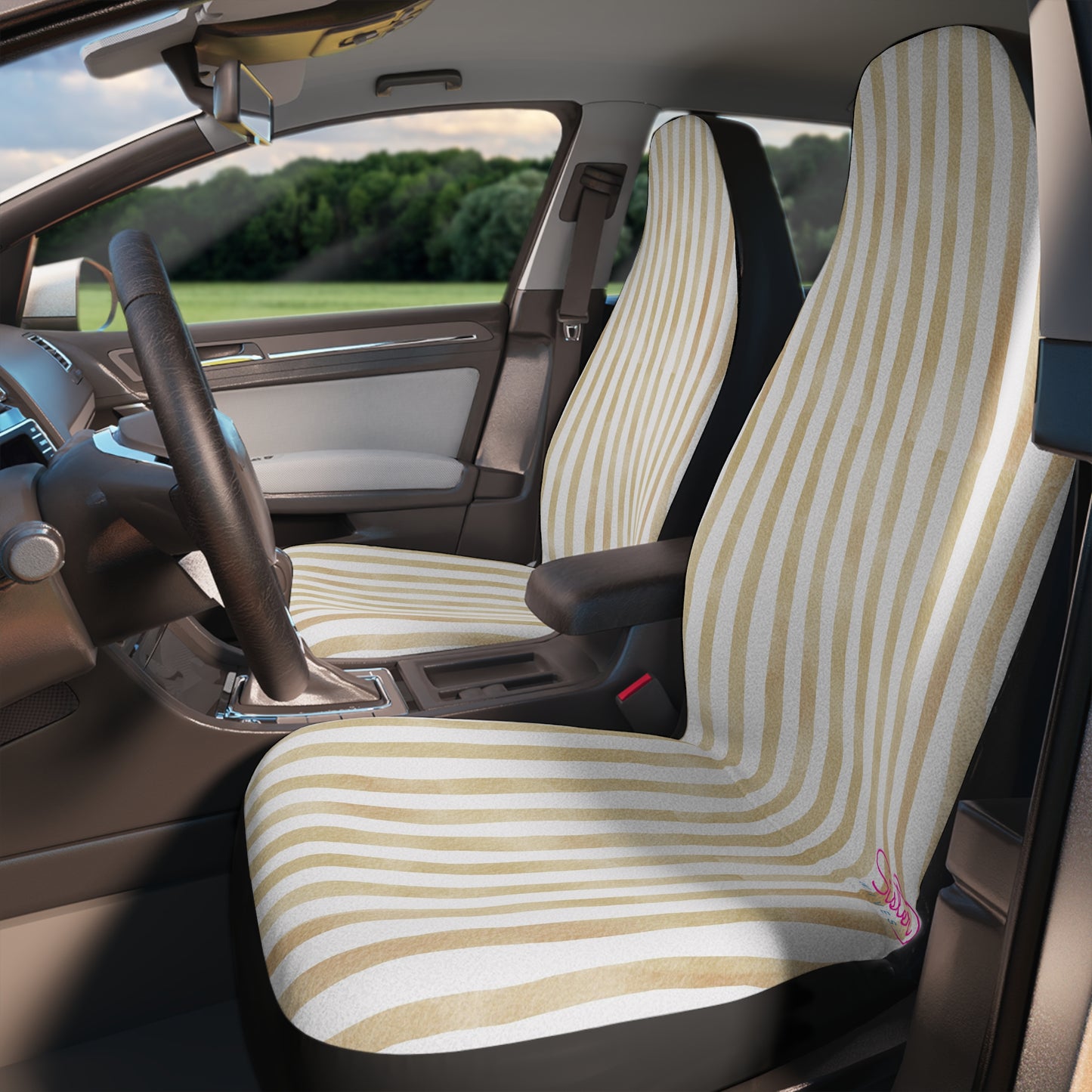 Light Brown Stripe Car Seat Covers – Minimalist Boho Auto Decor | Polyamory & ENM Friendly